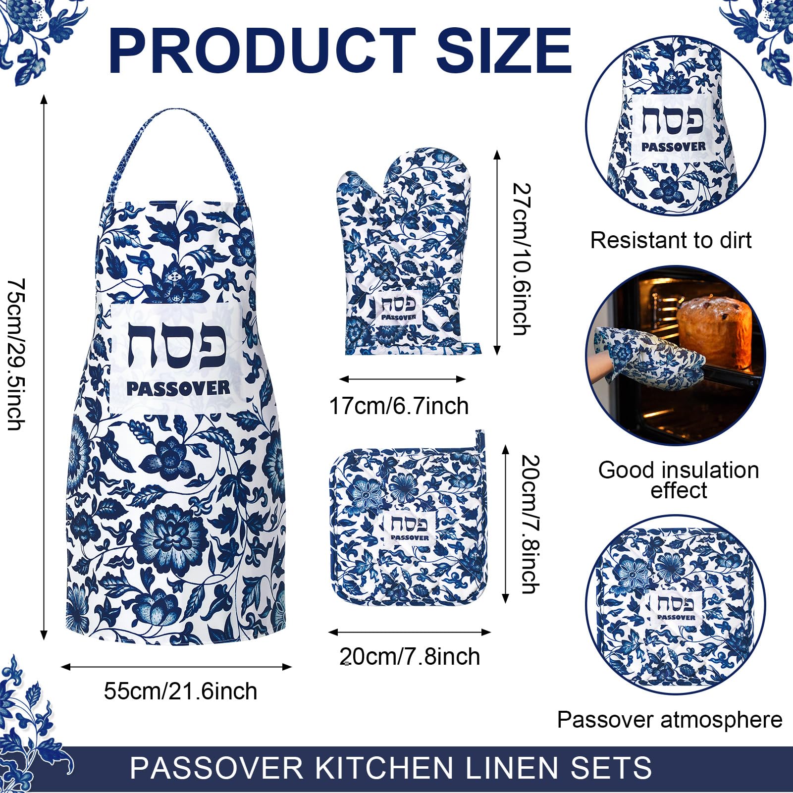 Passover Kitchen Accessories Set - Kosher Cooking Apron, Heat Resistant Pot Holder & Oven Mitt for Passover Seder - Floral Design for Holiday Cooking & Baking