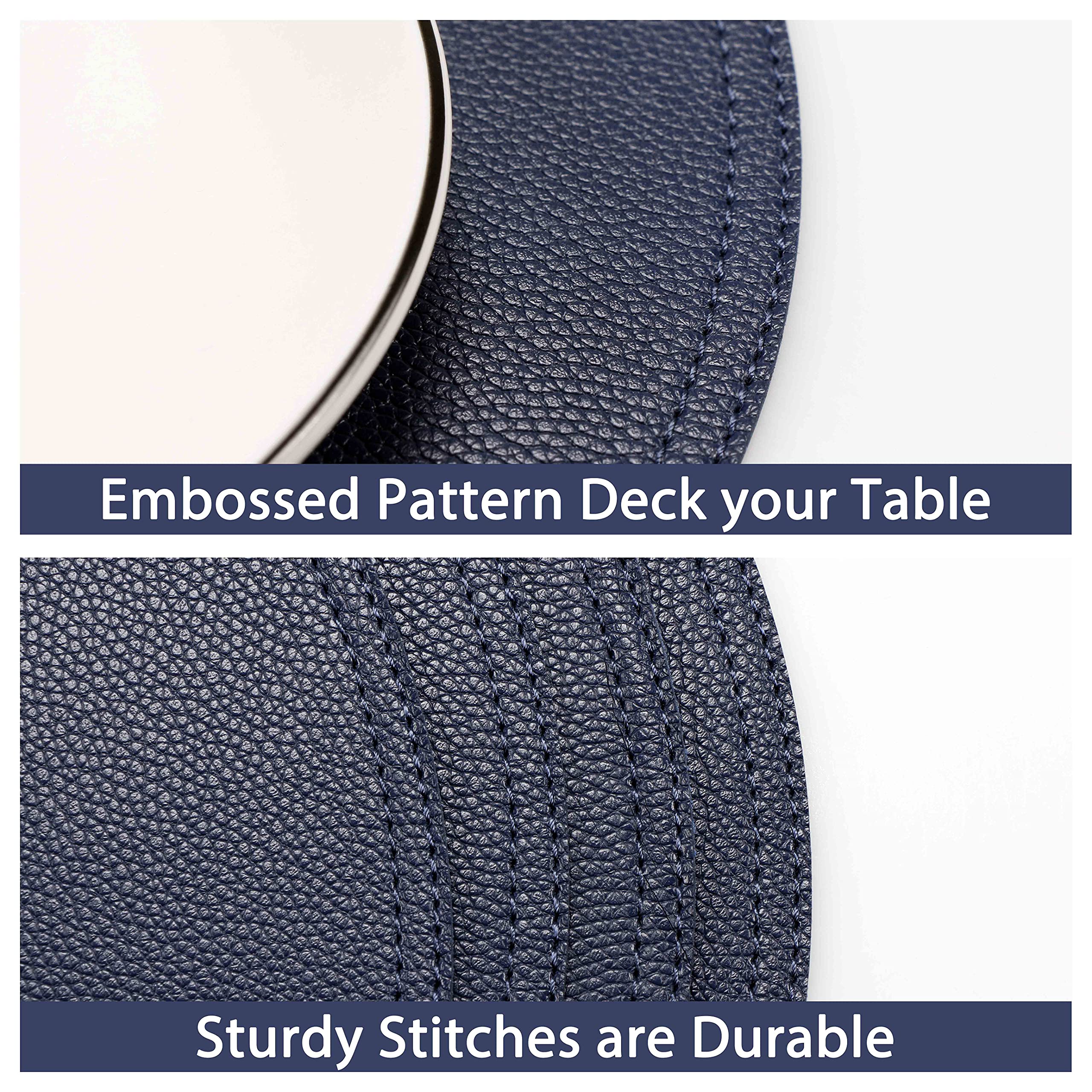 Jovono Navy Faux Leather Round Placemats and Coasters Set - Waterproof & Easy Clean Table Mats for Kitchen, Dining, Coffee Tables - Perfect for Home Decor, Parties, and Daily Use