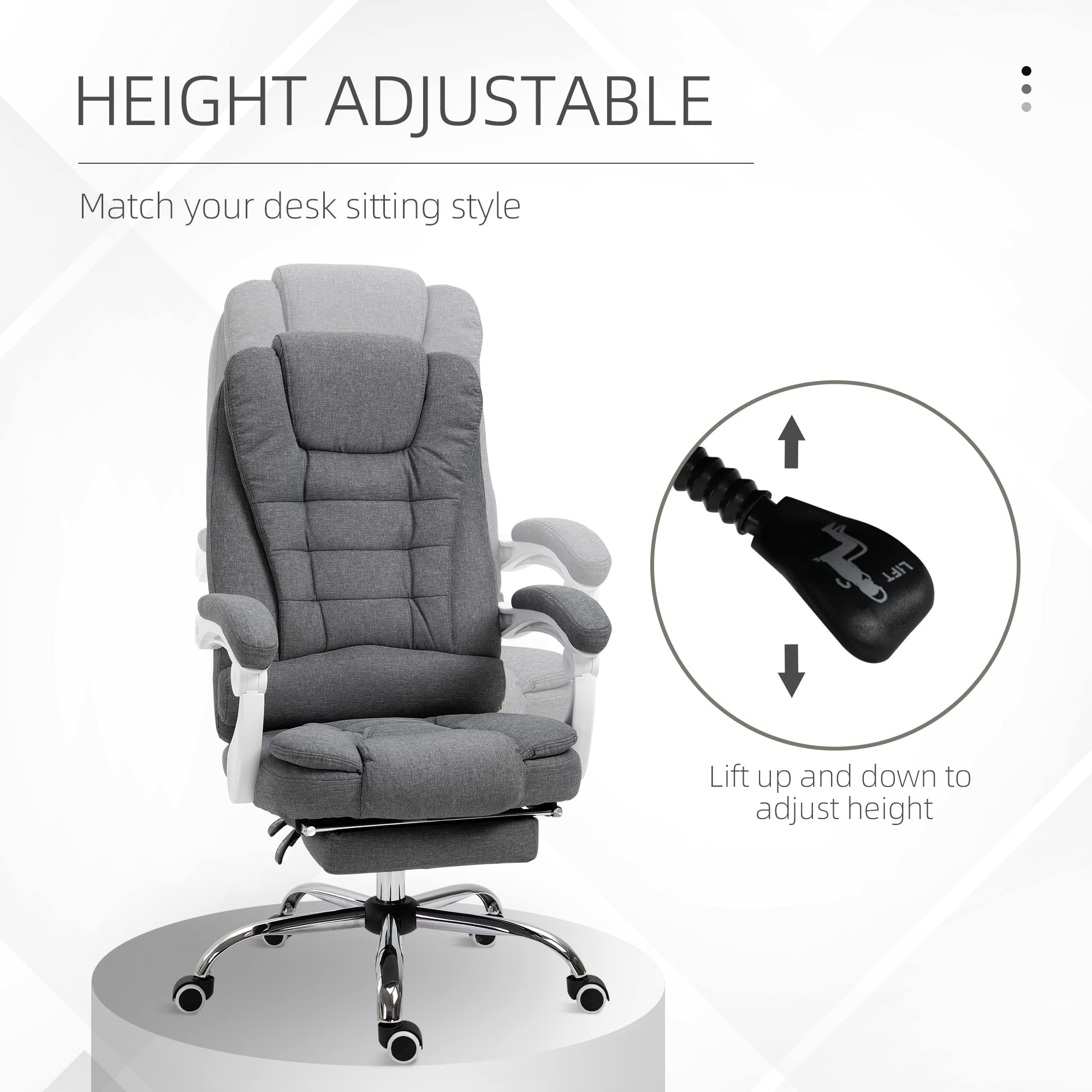 Vinsetto Ergonomic High-Back Executive Office Chair with Adjustable Footrest - Breathable Linen Fabric Computer Desk Chair with Padded Armrests - Gray - Perfect for Home Office, Gaming & Workspaces
