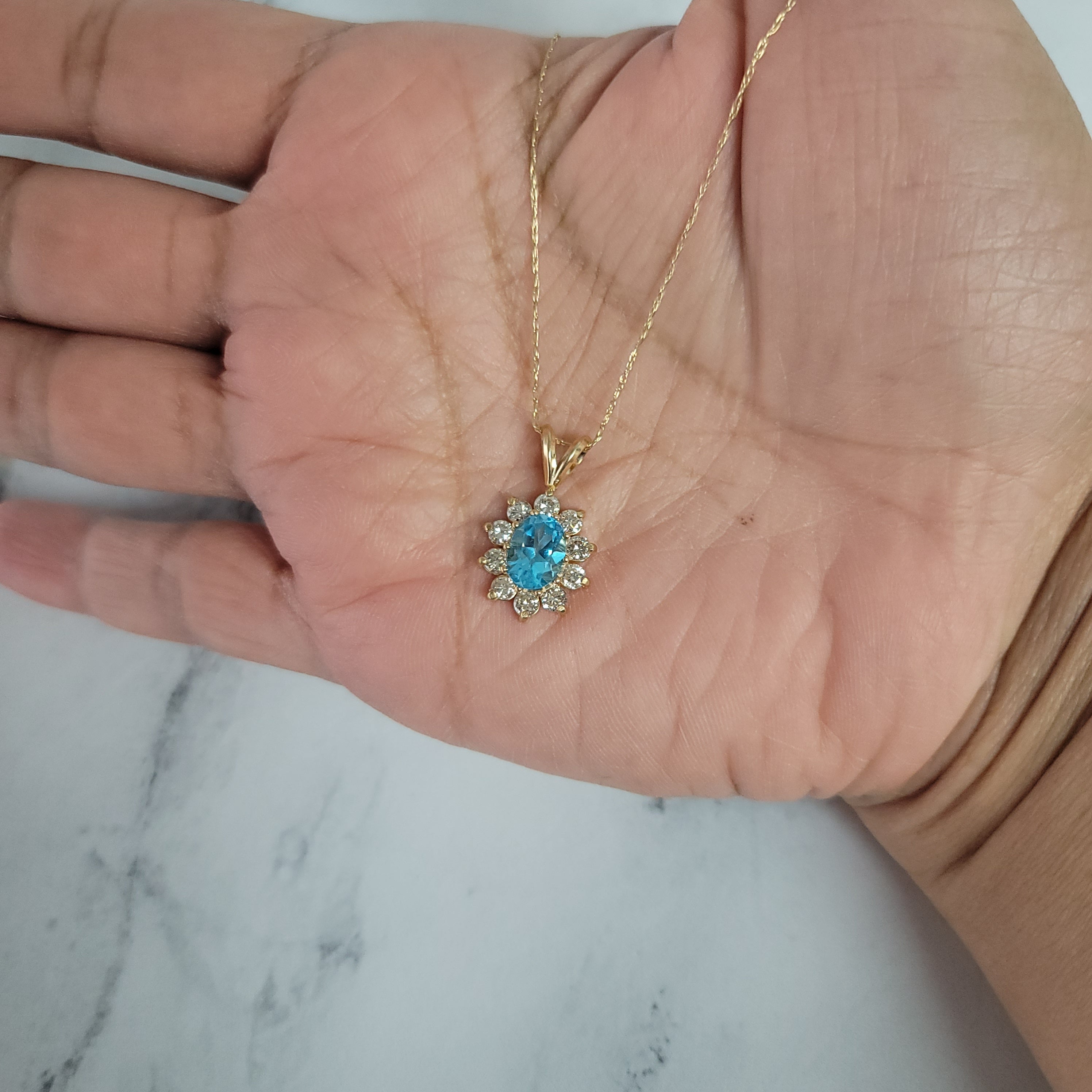 1.75ct Oval Blue Topaz Diamond Halo Necklace in 14k Yellow Gold | Elegant Jewelry Gift for Women | Perfect for Weddings, Anniversaries & Special Occasions