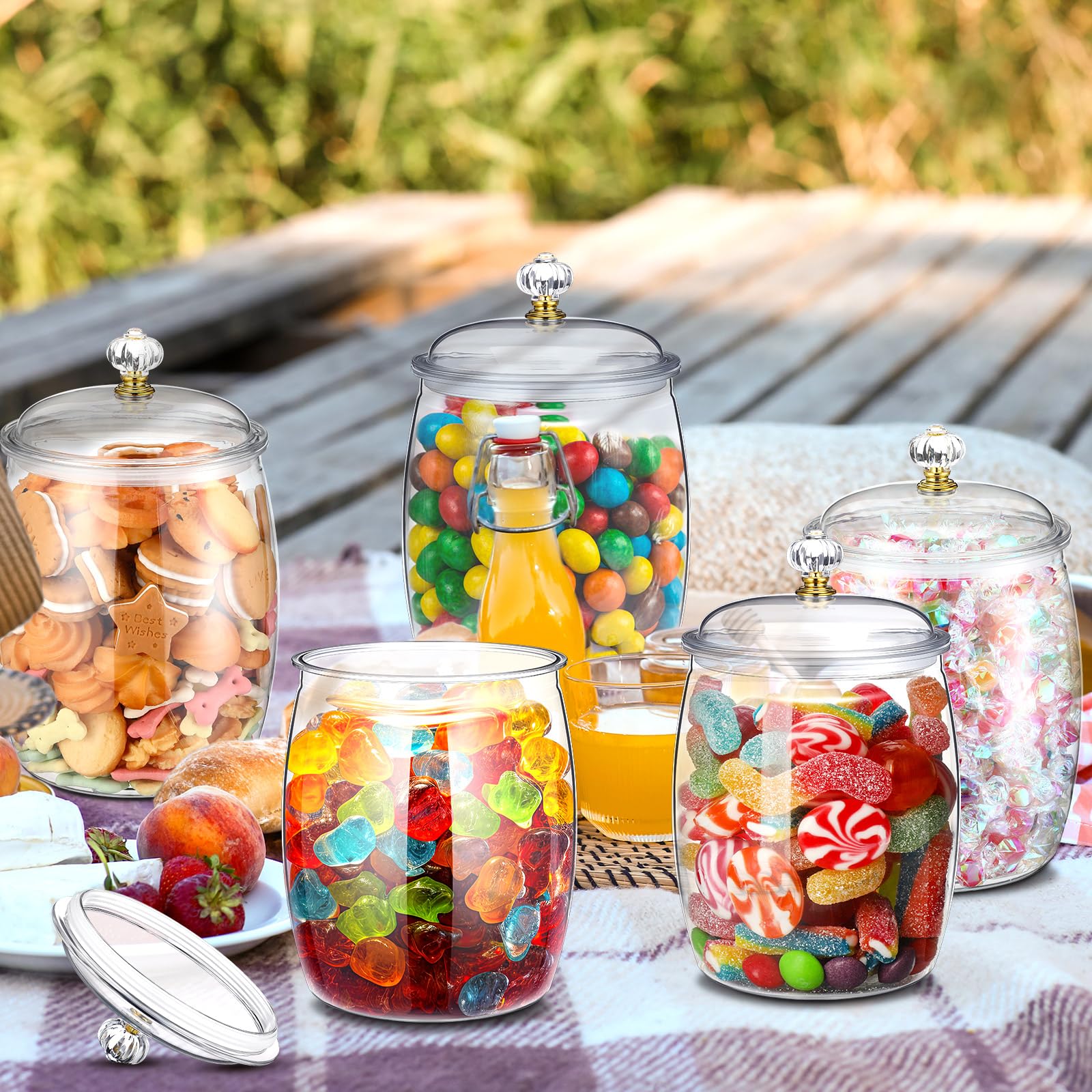 Nuogo 6-Piece 64 oz Clear Plastic Candy & Cookie Jars with Airtight Lids - Decorative Apothecary Containers for Candy Buffet, Kitchen Pantry Organization & Home Decor Storage Solutions