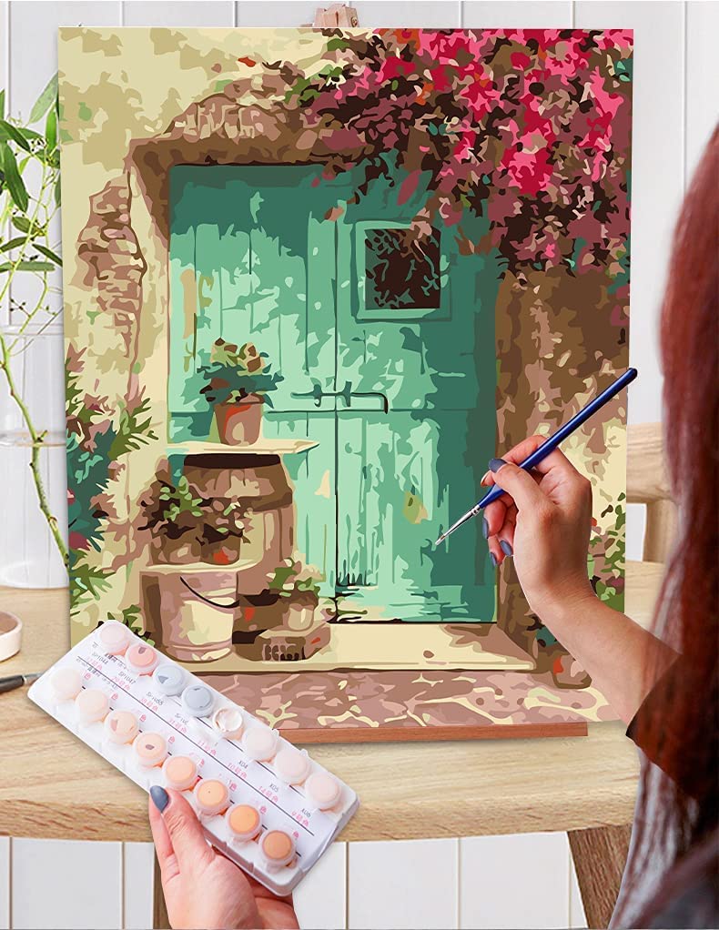 Eniref Blue Door with Flower Paint by Numbers Kit for Adults Beginners - 16x20 Inch Acrylic Painting Set for Home Wall Decor | DIY Art Therapy, Relaxation & Gift Idea
