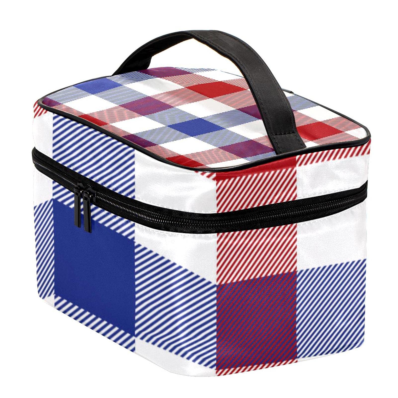 Blue Red White Plaid Travel Makeup Bag - Large Cosmetic Organizer with Zipper - Waterproof Toiletry Bag for Women & Girls - Perfect for Travel, Gym, and Daily Essentials Storage