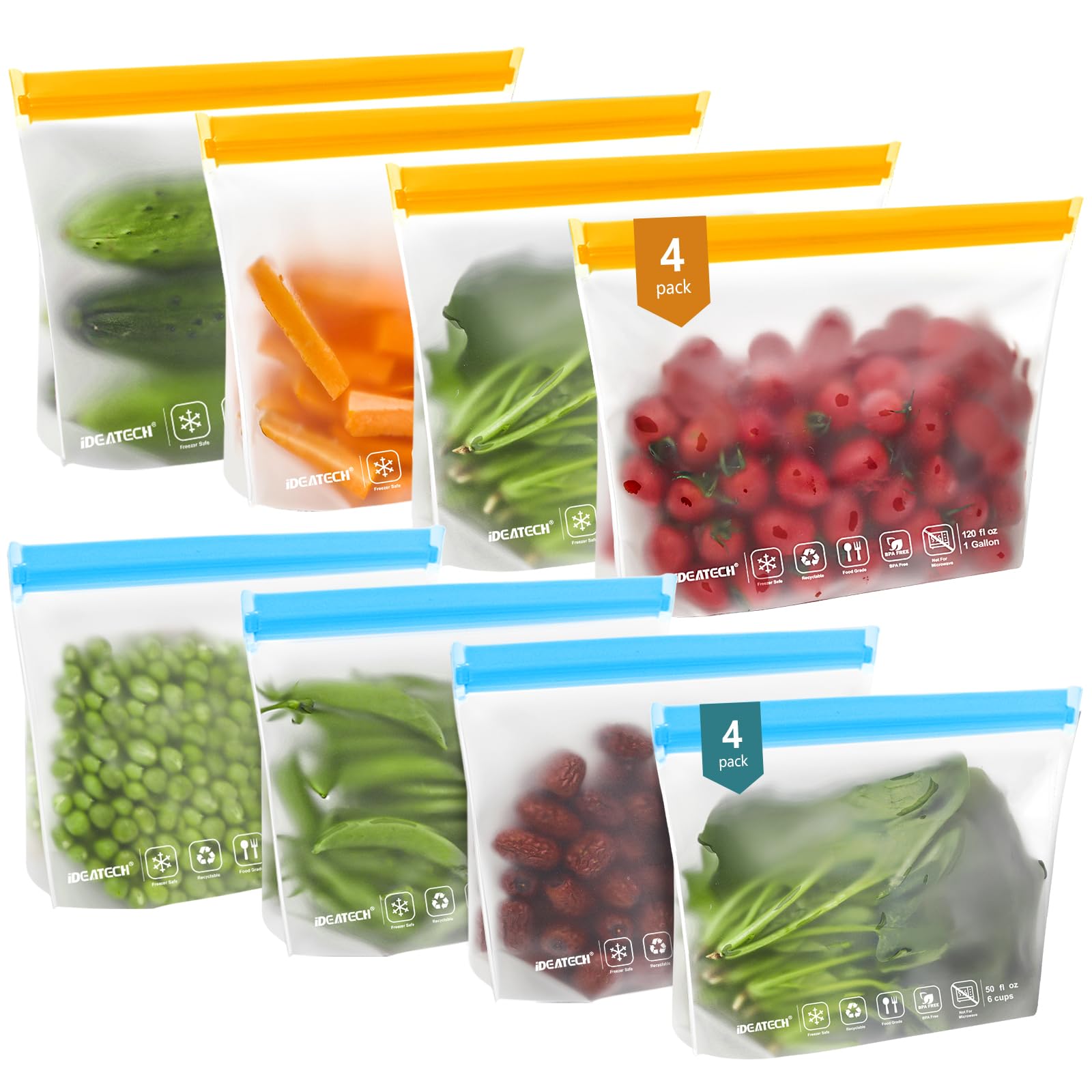 IDEATECH 8-Pack Reusable Gallon Freezer Bags - Dishwasher Safe, Leakproof, BPA-Free Silicone Food Storage Bags for Meats, Sandwich & Travel | Perfect for Meal Prep, Freezing, Picnics & Camping (8 Gallon, Colored)