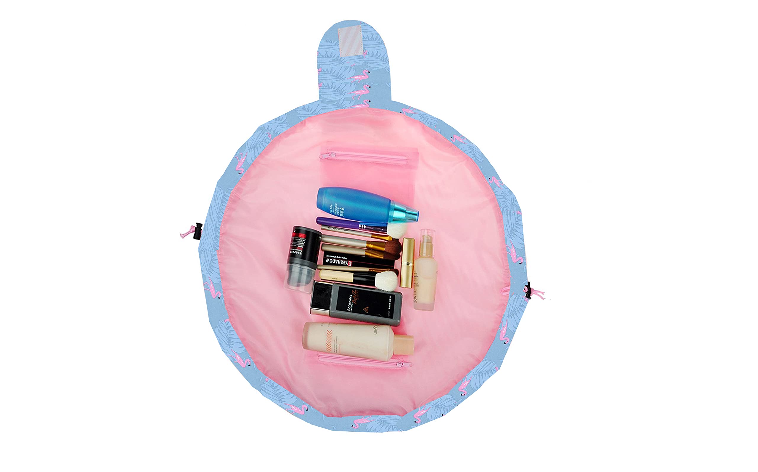 VALAMJI Large Waterproof Drawstring Cosmetic Bag - Travel Makeup Organizer & Toiletry Pouch with Lazy Design (Grey Flamingo) - Perfect for Gym, Beach Trips & Daily Essentials Storage