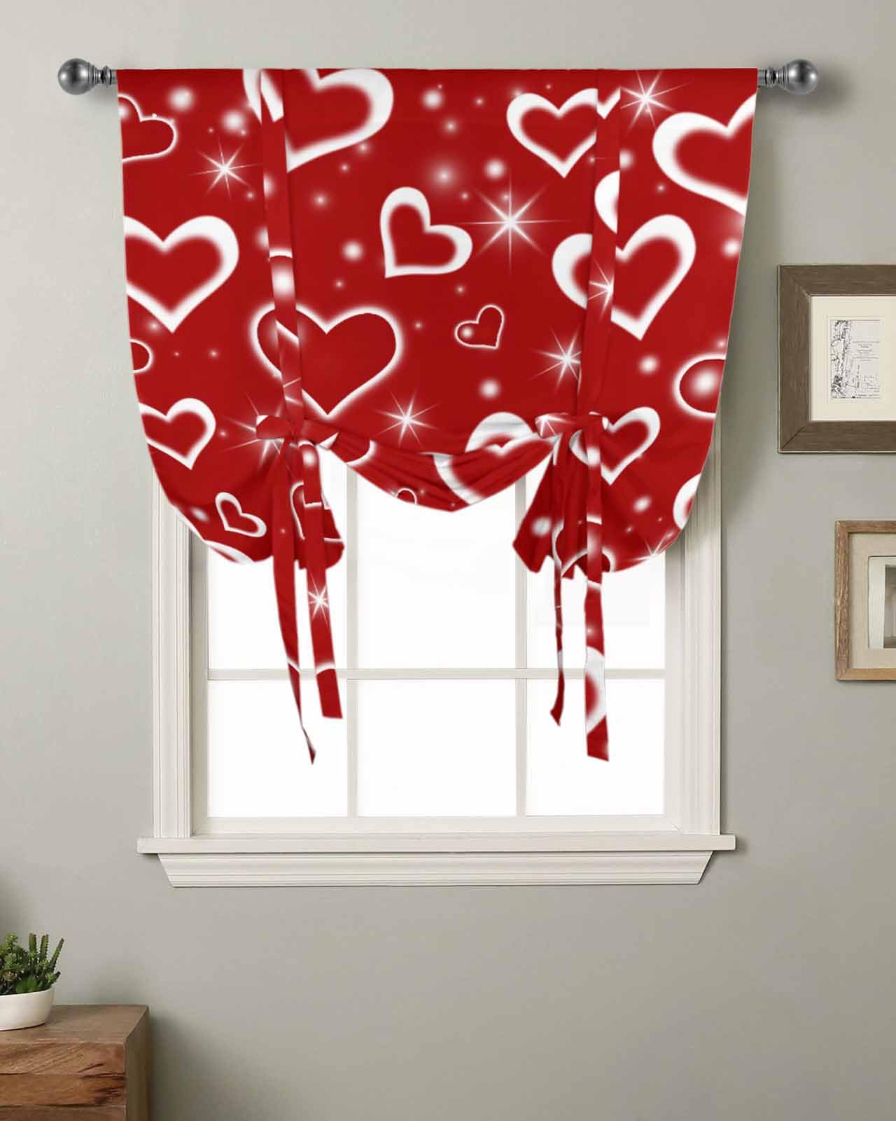 Valentine's Day Kitchen Window Curtains - Romantic Star & Heart Design Adjustable Balloon Shade with Rod Pocket, 42