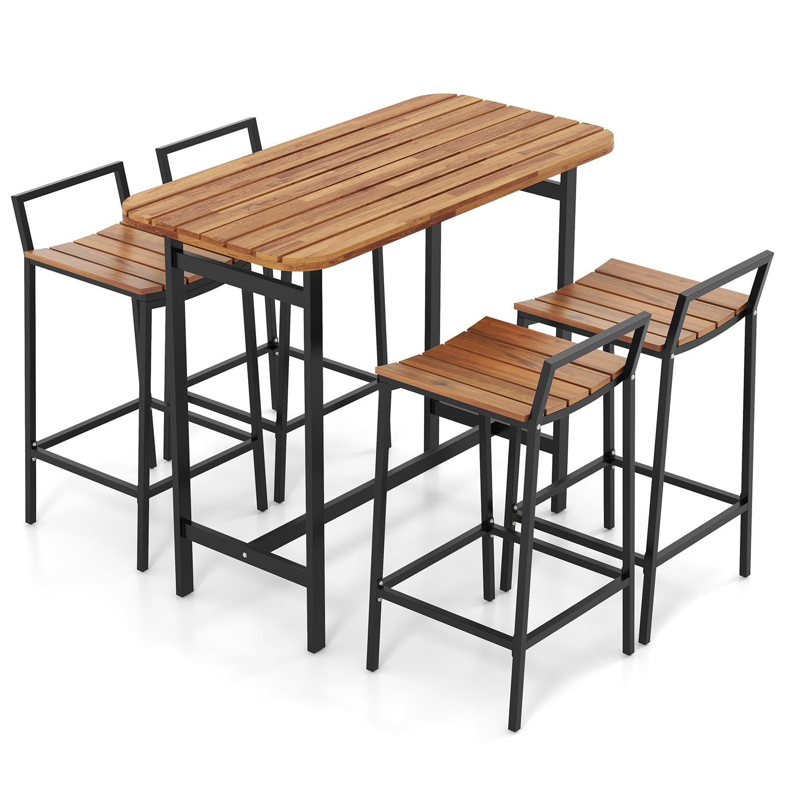 Tangkula 5-Piece Acacia Wood Outdoor Bar Table Set with Metal Frame & Footrest - Patio Bar Height Table & Chairs for 4, Perfect for Deck, Garden, Poolside & Backyard Entertaining