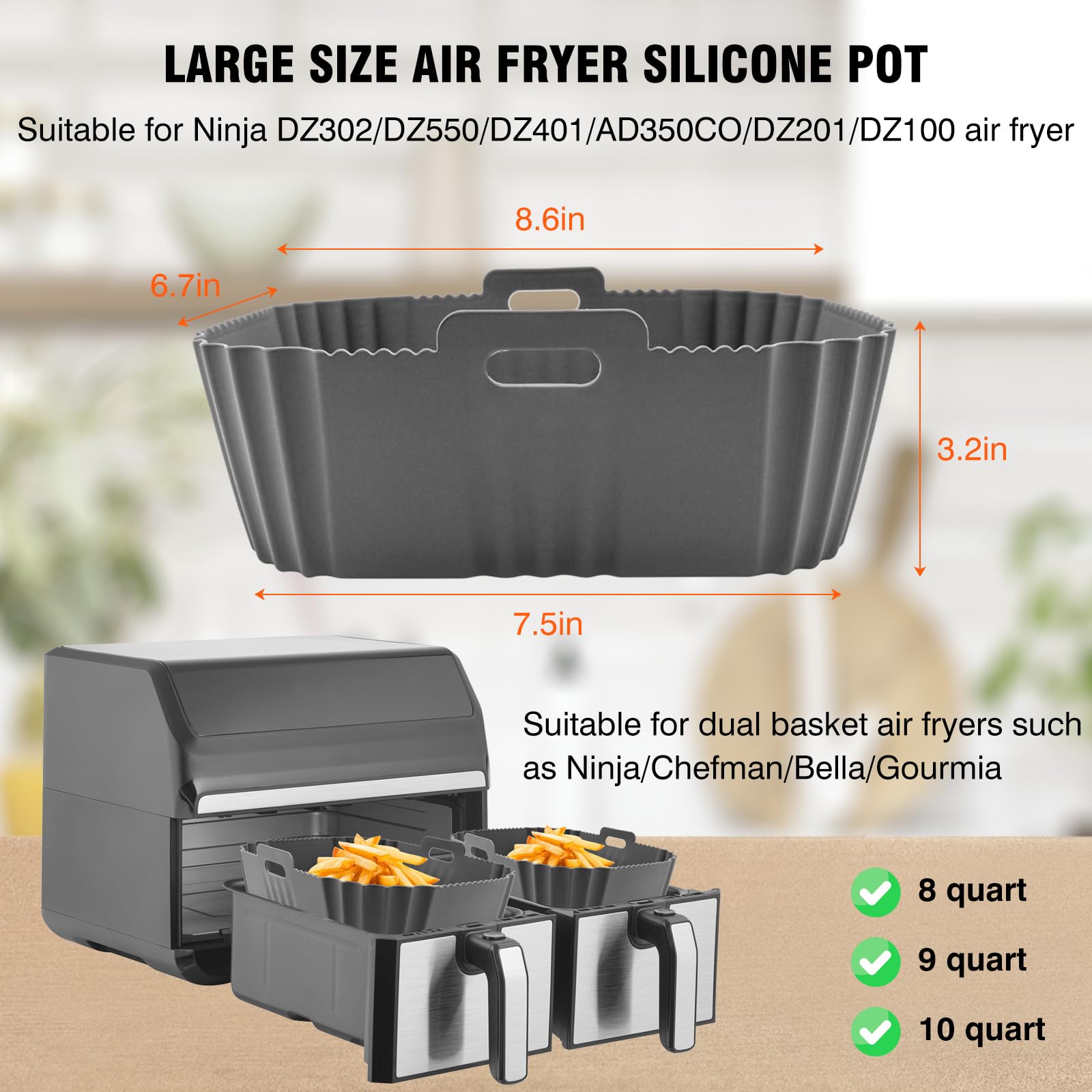 8-10QT Air Fryer Silicone Liner for Ninja SL401/DZ302/DZ550/DZ401 - Large Rectangular Non-Stick Baking Pan, Reusable Dual Basket Insert Accessories (2-Pack) - Perfect for Healthy Frying, Roasting, and Baking Chicken Wings, French Fries & Vegetables