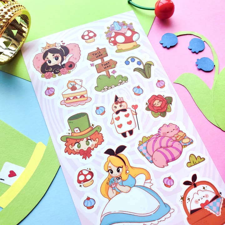 Alice’s Adorable Adventures Sticker Sheet - 50 Unique Waterproof Vinyl Stickers for Scrapbooking, Laptops, Journals & DIY Crafts - Perfect for Kids Room Decor & Planner Accessories