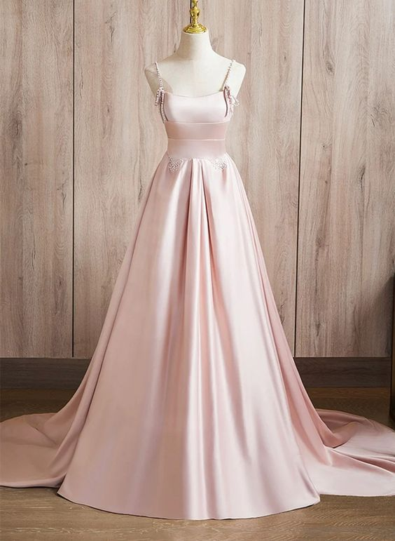 Elegant A-Line Satin Long Pink Prom Dress with Spaghetti Straps - Formal Evening Gown J4414 for Homecoming, Wedding Guest & Special Occasions
