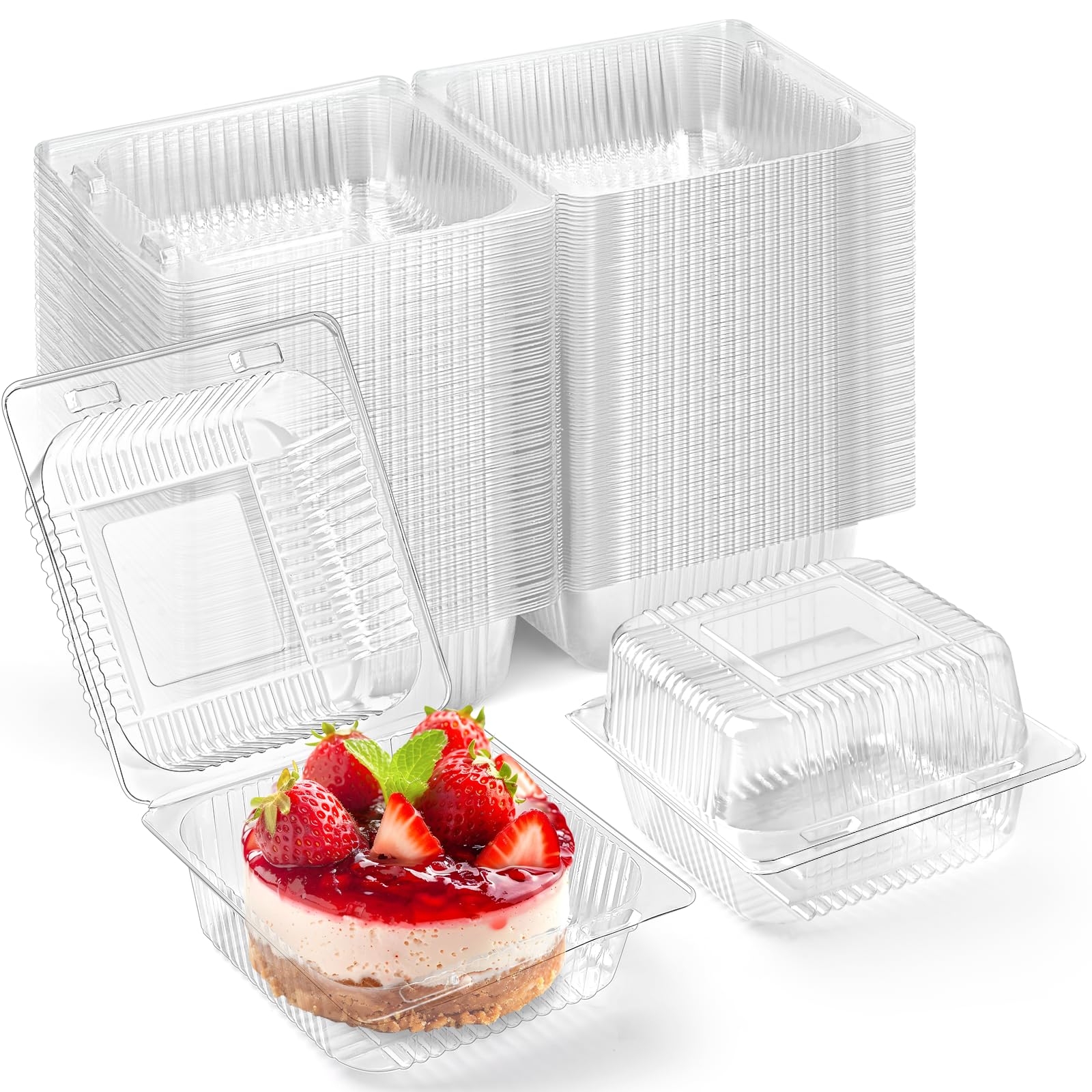 50 Pack Clear Plastic Clamshell Food Containers - Square Cake Slice Containers with Hinged Lids | Disposable To-Go Boxes for Cookies, Desserts, Fruits, Salads & Sandwiches | Perfect for Bakery, Party Favors, Catering & Meal Prep