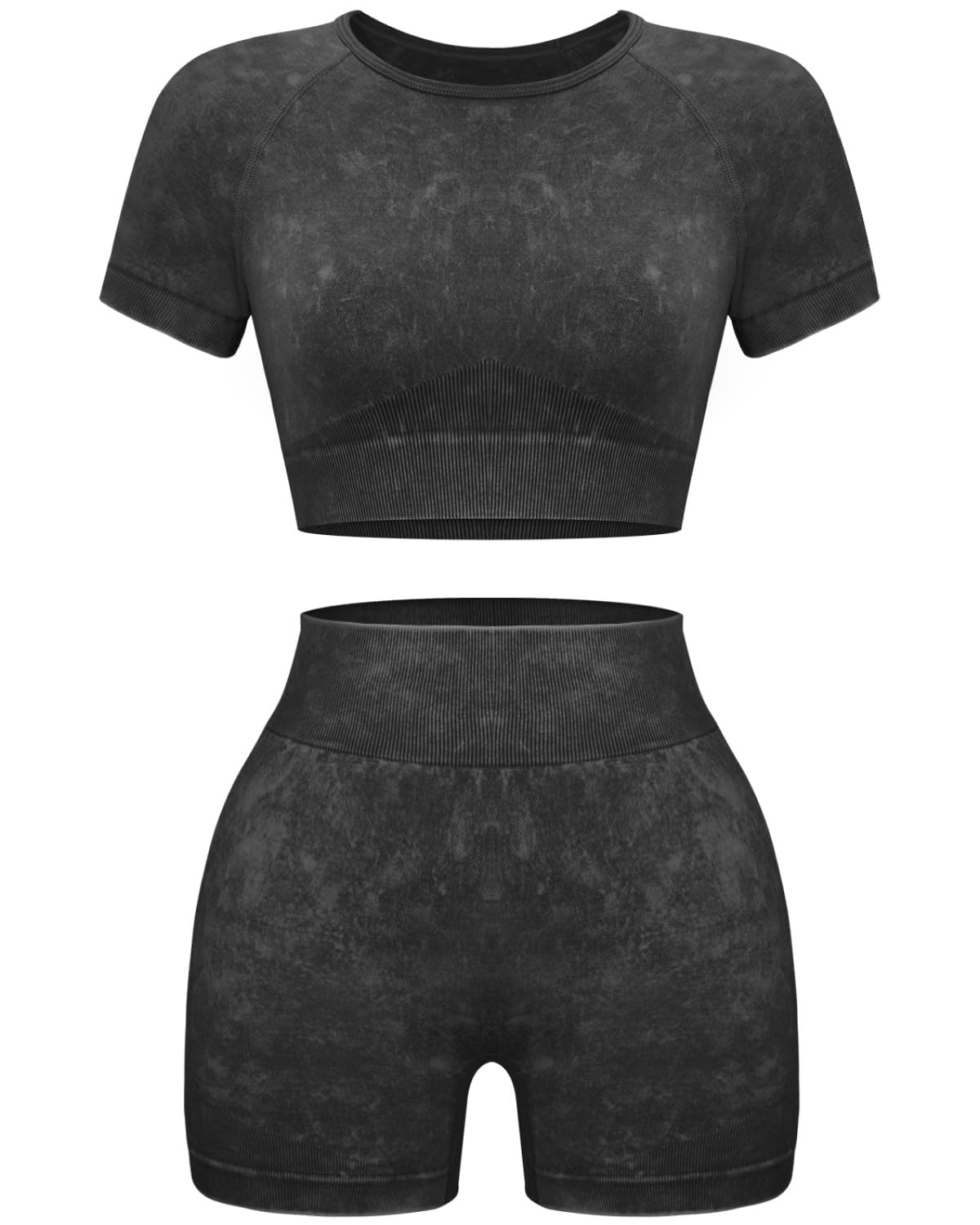 OLCHEE Women's 2-Piece Workout Set - Seamless Acid Wash Yoga Shorts & Crop Top Matching Gym Outfit | Athletic Clothing for Yoga, Running & Fitness Training