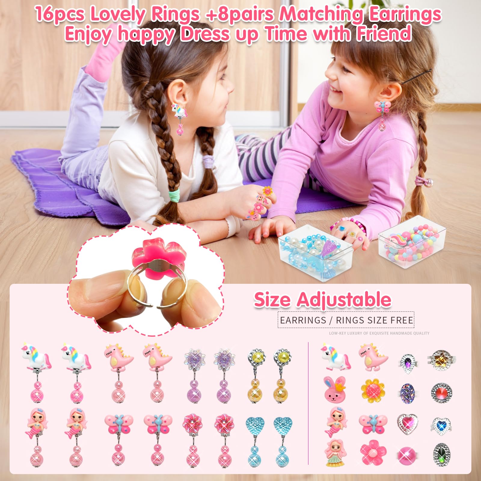 37PCS Princess Jewelry Set for Girls Age 3-9 - Adjustable Rings & Clip-on Earrings for Pretend Play, Dress Up & Role Play - Perfect Christmas & Birthday Gift for Toddler Girls (Ideal for Tea Parties, Princess Play & Dress-up Games)
