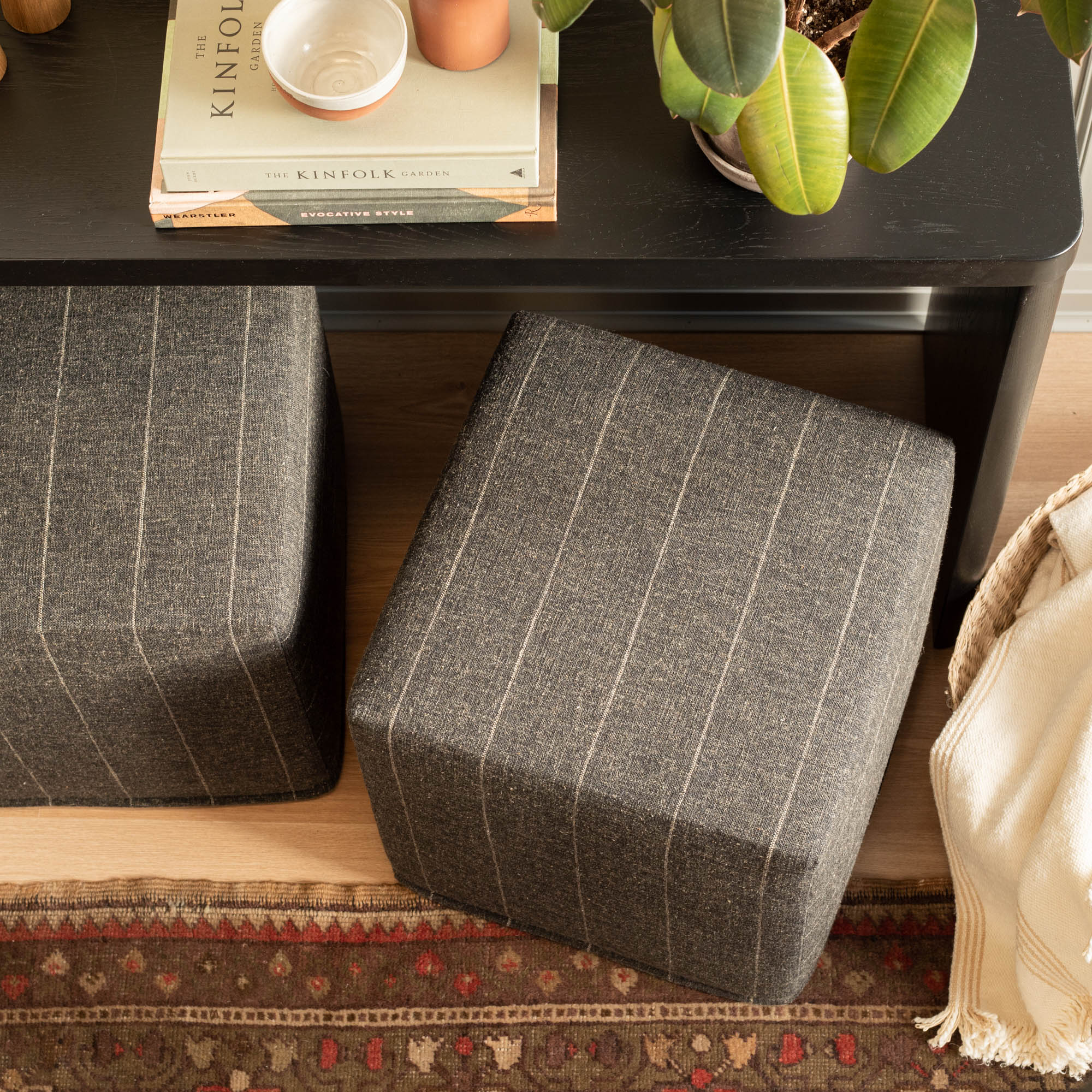 Dunrobin Stripe 16x16 Cube Ottoman in Sable Brown - Modern Storage Footrest for Living Room, Bedroom & Office