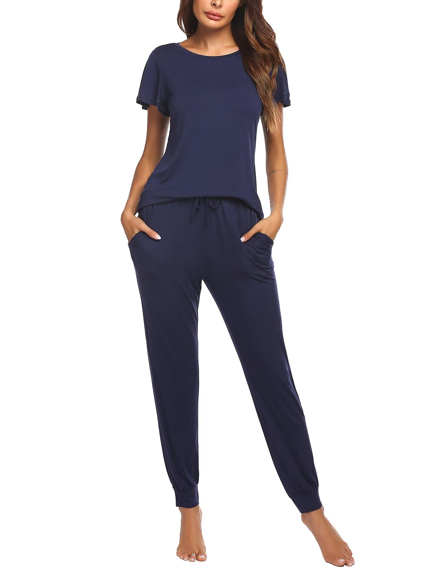 Ekouaer Women's Pajama Sets - Soft Short Sleeve Sleepwear & Long Pants Lounge Set with Pockets - Comfy Sleep & Jogger PJs for Nightwear, Lounging & Travel