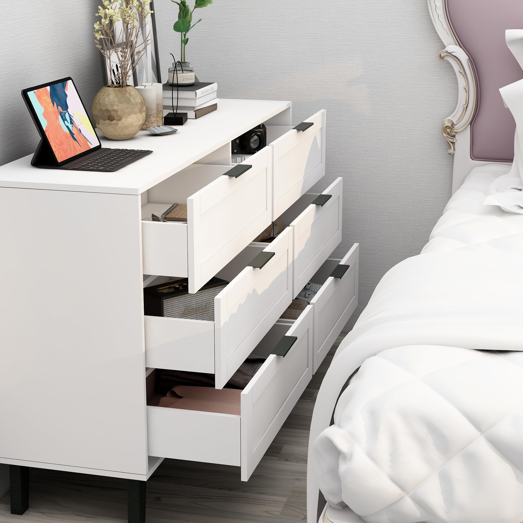 Modern 6-Drawer White Wooden Dresser for Bedroom & Nursery - Kids Horizontal Chest of Drawers for Living Room & Home Organization | Perfect for Storage, Clothes, Toys & Bedroom Decor