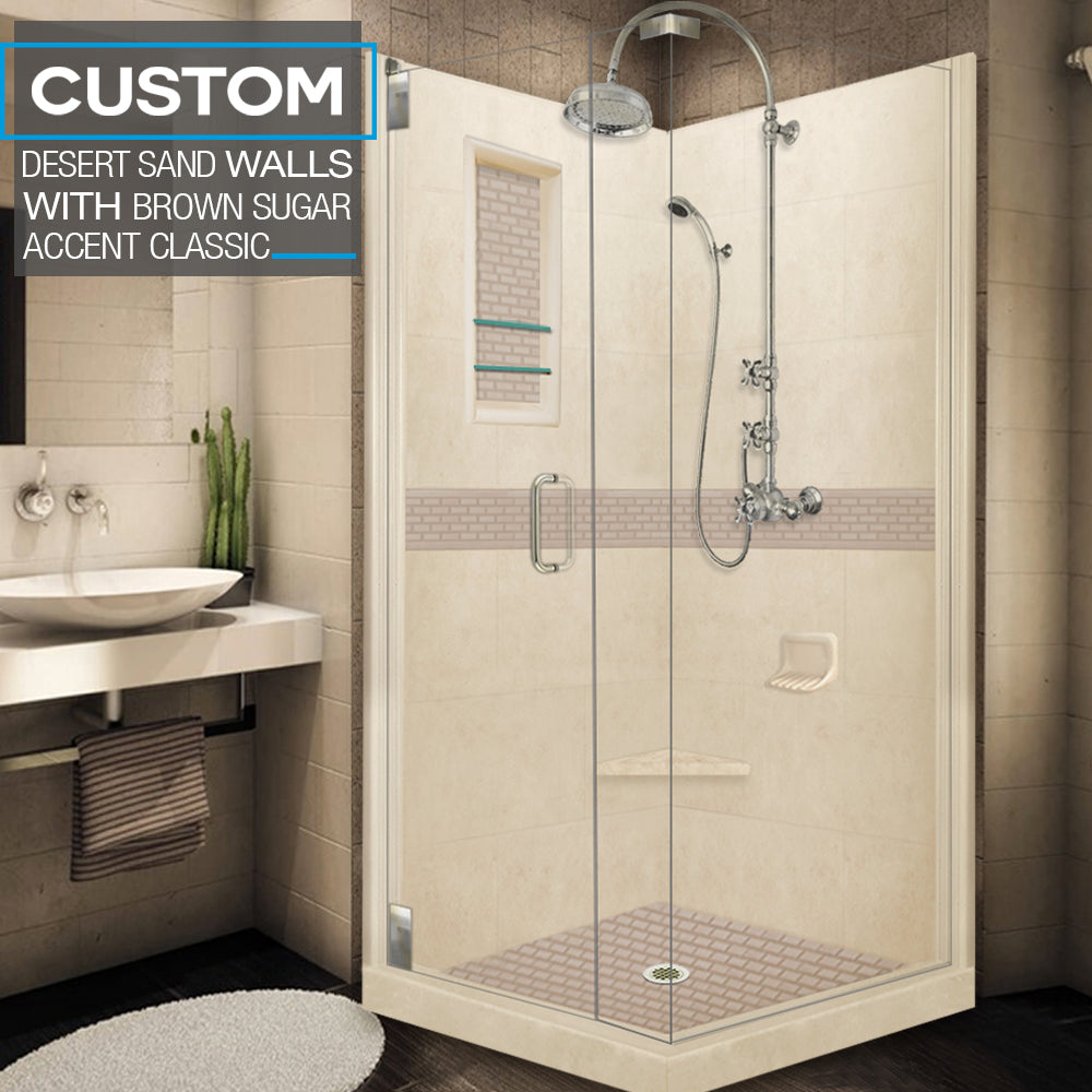 DIY Shower Remodel Kit - Corner Desert Sand Sistine Stone & Classic Stone Accent | Waterproof Bathroom Wall Tile for Shower Renovation & Home Improvement