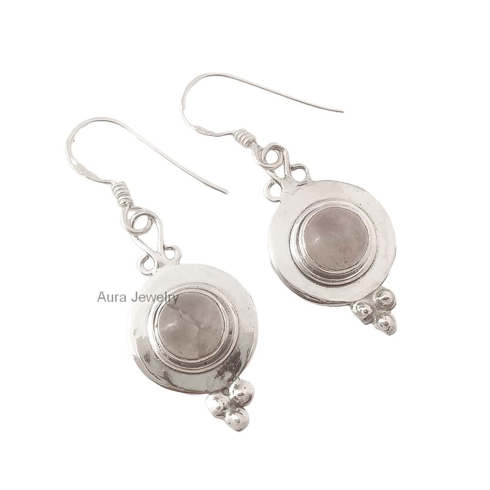 925 Sterling Silver Rose Quartz Earrings for Women - Hypoallergenic Handmade Dangle Earrings with Round Pink Gemstone, Bezel Set Jewelry - Perfect Christmas Gift for Her, Birthday Present & Everyday Elegance