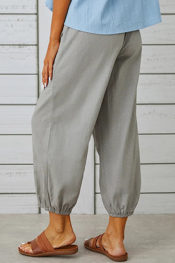 Tatum Women's Linen Blend Elastic Waist Pants with Pockets & Button Hem - Comfortable Casual Pants for Work, Travel & Everyday Wear