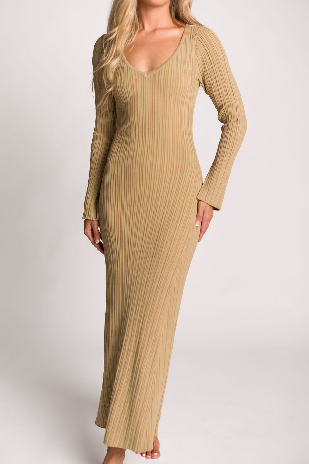 Keaton Knit Maxi Dress - V Neckline Beige Women's Long Dress | Perfect for Summer, Beach, Vacations & Casual Outings