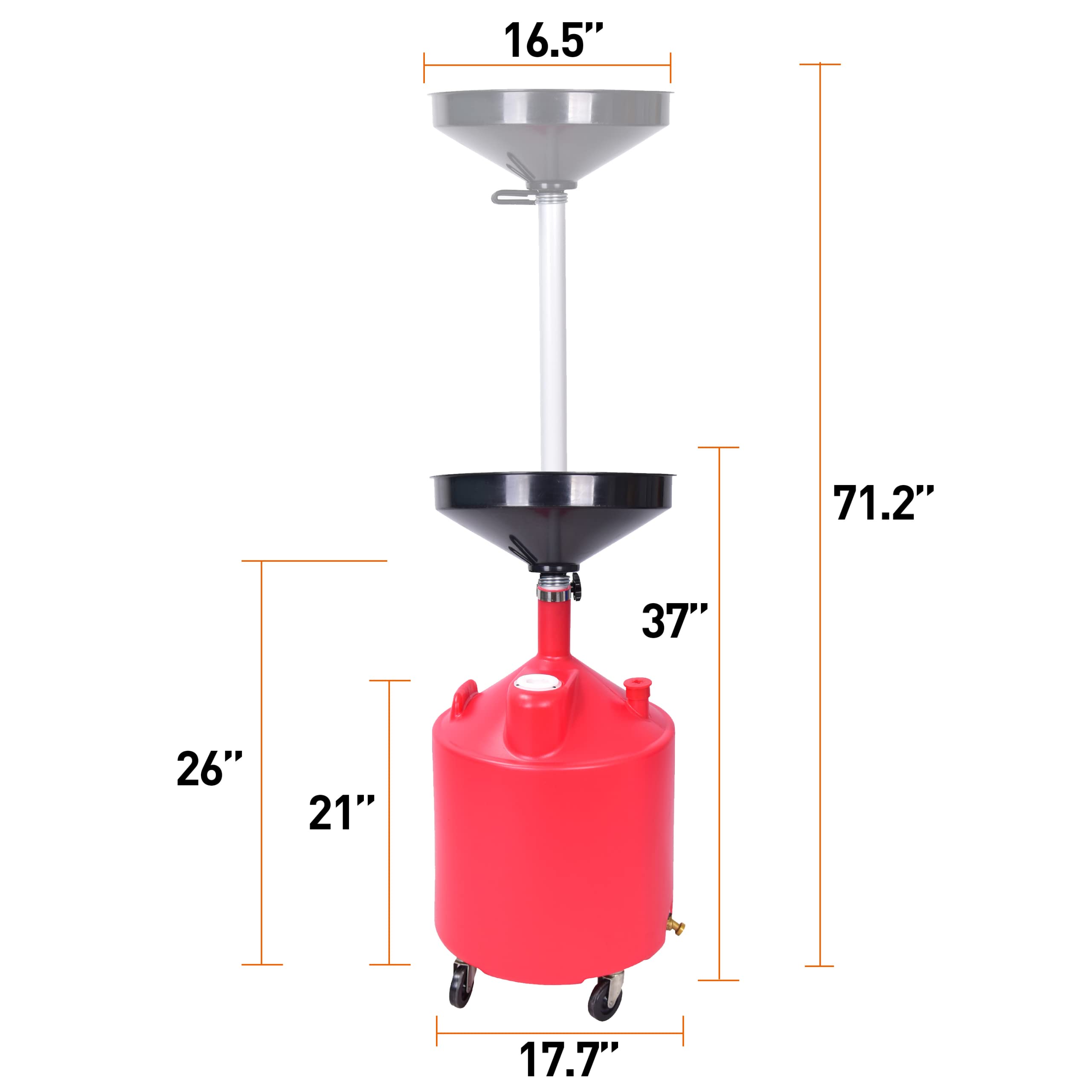18 Gallon Industrial Waste Oil Drain Tank with Wheels - Portable Oil Change Tank for Cars, Adjustable Funnel Height - Ideal for Auto Shops, DIY Oil Changes & Waste Oil Recycling (Red)