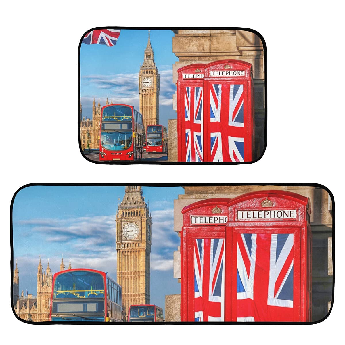 British Union Jack Flag Kitchen Rugs Set of 2 - Non-Slip Washable Floor Mats for Sink Area, Laundry Room & Office - UK Themed Home Decor for London Fans
