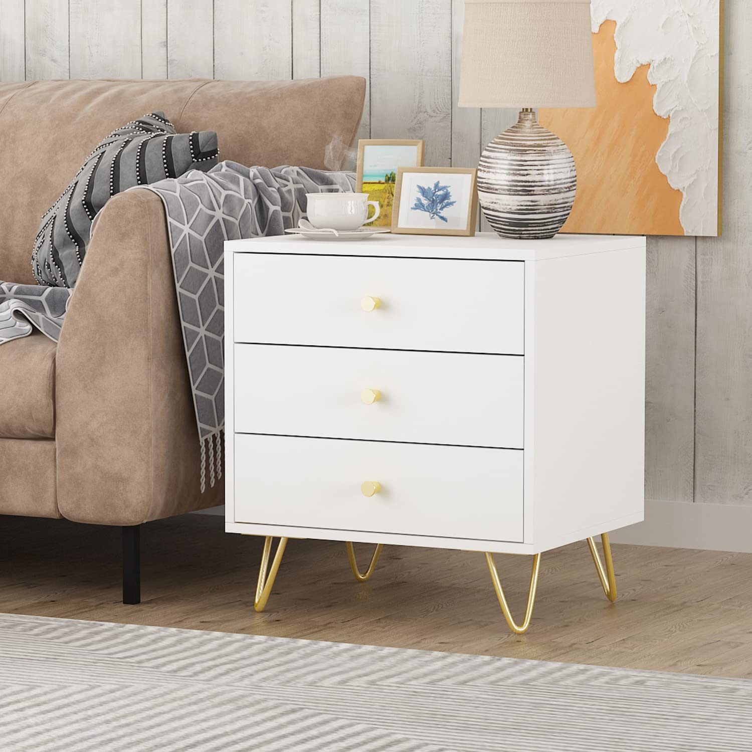 Homsee Set of 2 Modern Nightstands with 3 Drawers, Metal Legs & Storage - White Bedside Table for Bedroom, Living Room, Office (19.6”L x 15.7”W x 21.6”H) - Perfect for Small Spaces, Apartment Furniture & Home Organization