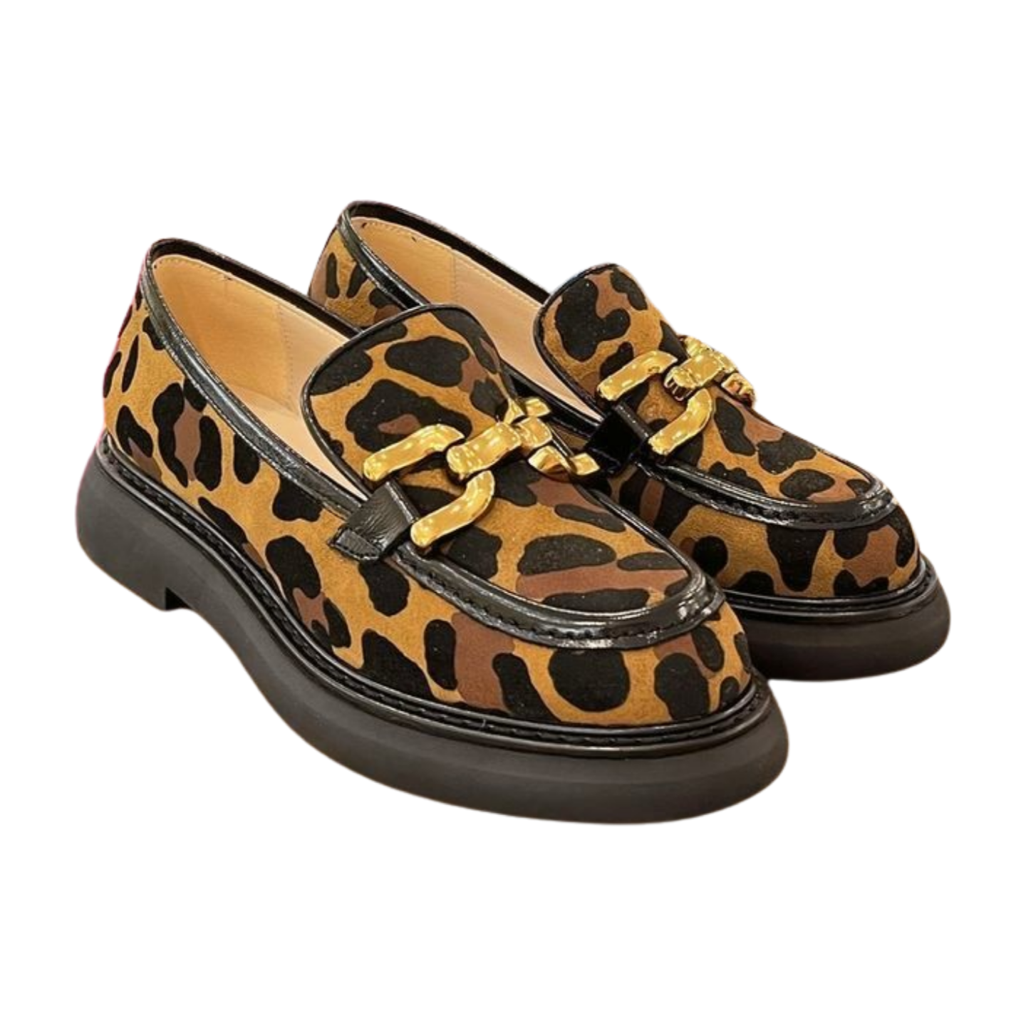 MARIAN Women's Leopard Print Chunky Heel Loafers with Gold Bit Detail - Stylish Slip-On Shoes for Work, Office & Casual Outfits