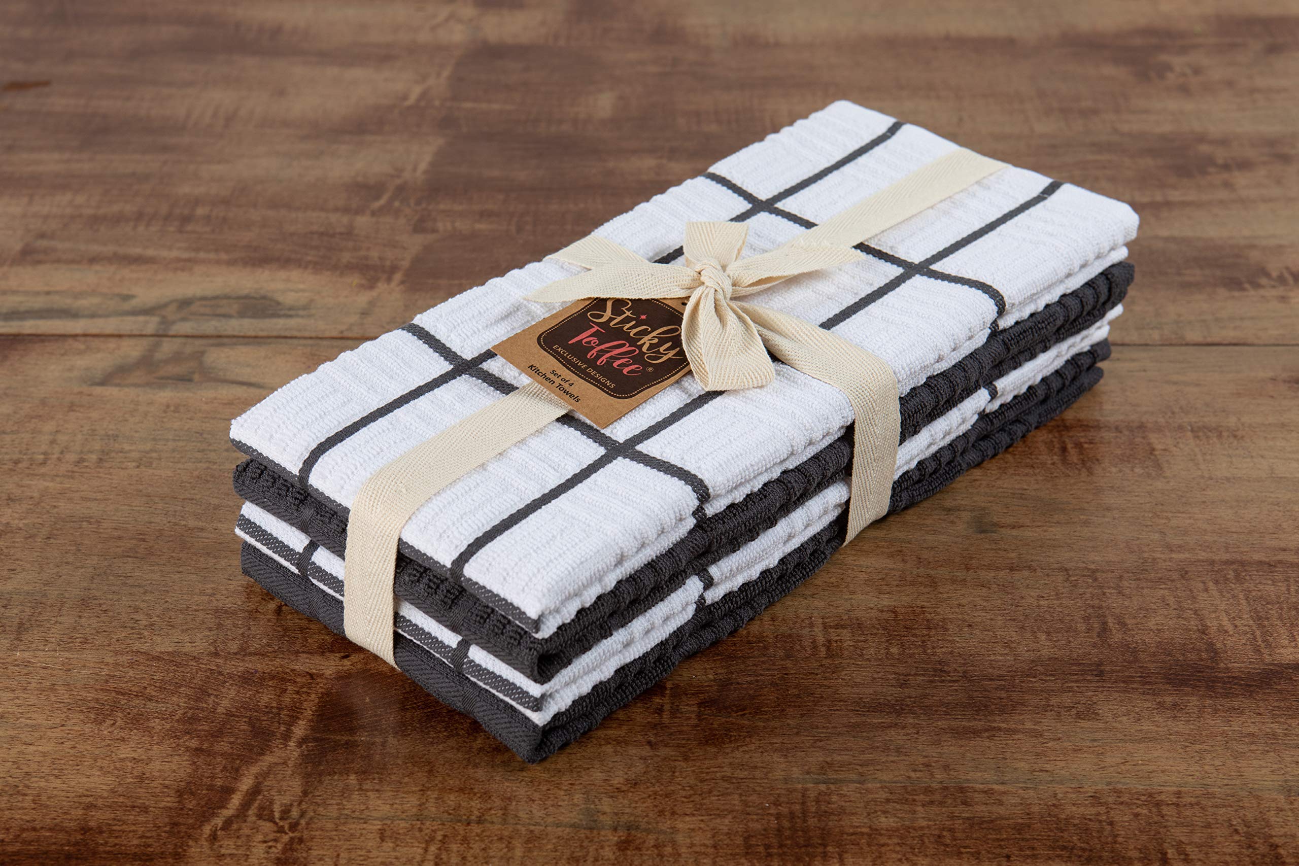 Premium Sticky Toffee Kitchen Towels Set of 4 - 100% Cotton Absorbent Hand & Tea Towels (28x16 Inch) | Gray & White Reusable Cleaning Cloths | Oeko-Tex Certified | Perfect for Dish Drying, Counter Cleaning & Gift Giving