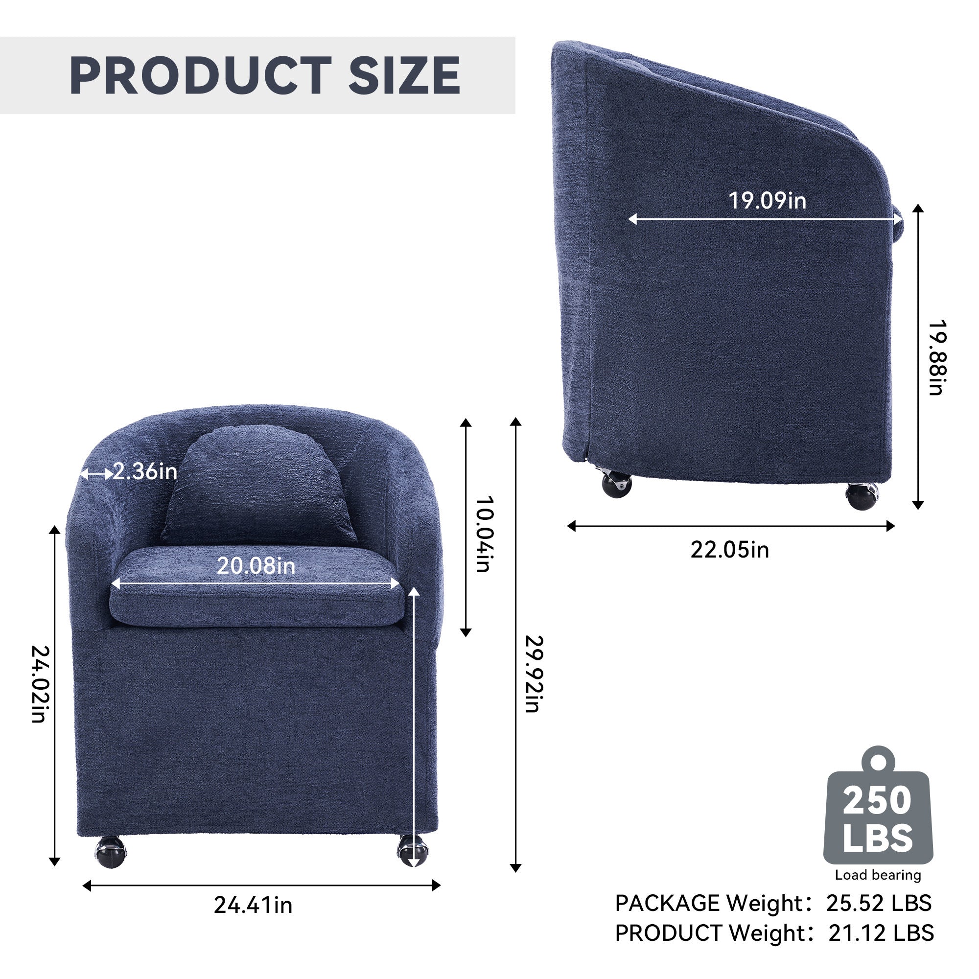 Blue Chenille Fabric Dining Armchair with Back Cushion & Universal Wheels - 1-Piece Set for Home, Office or Restaurant Use