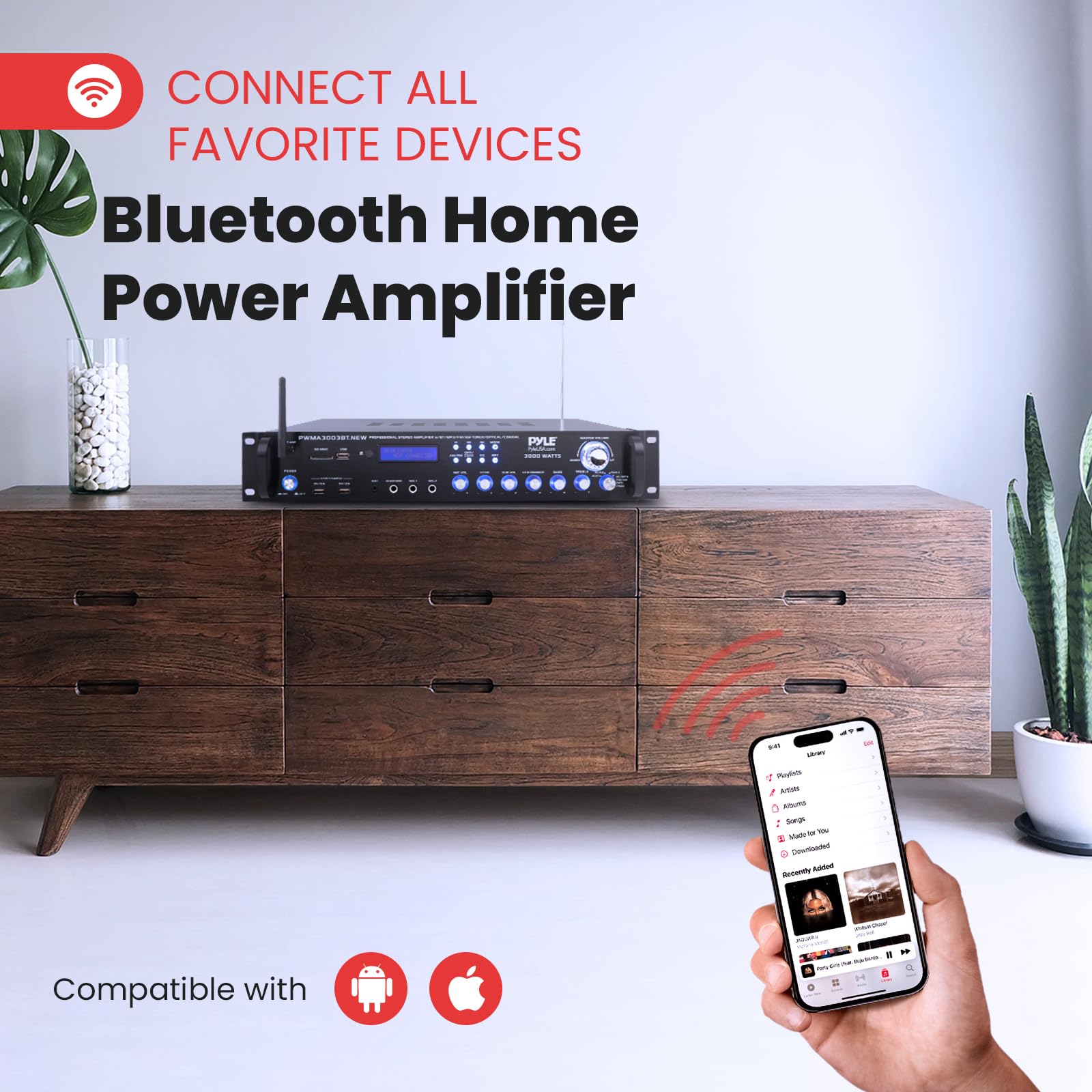 Pyle 3000W 4-Channel Bluetooth Home Audio Power Amplifier - Stereo Receiver with Speaker Selector, FM Radio, USB, Headphone Jack & 2 Wireless Mics for Karaoke - Perfect for Home Theater, Parties & Entertainment System (Model PWMA3003BT)