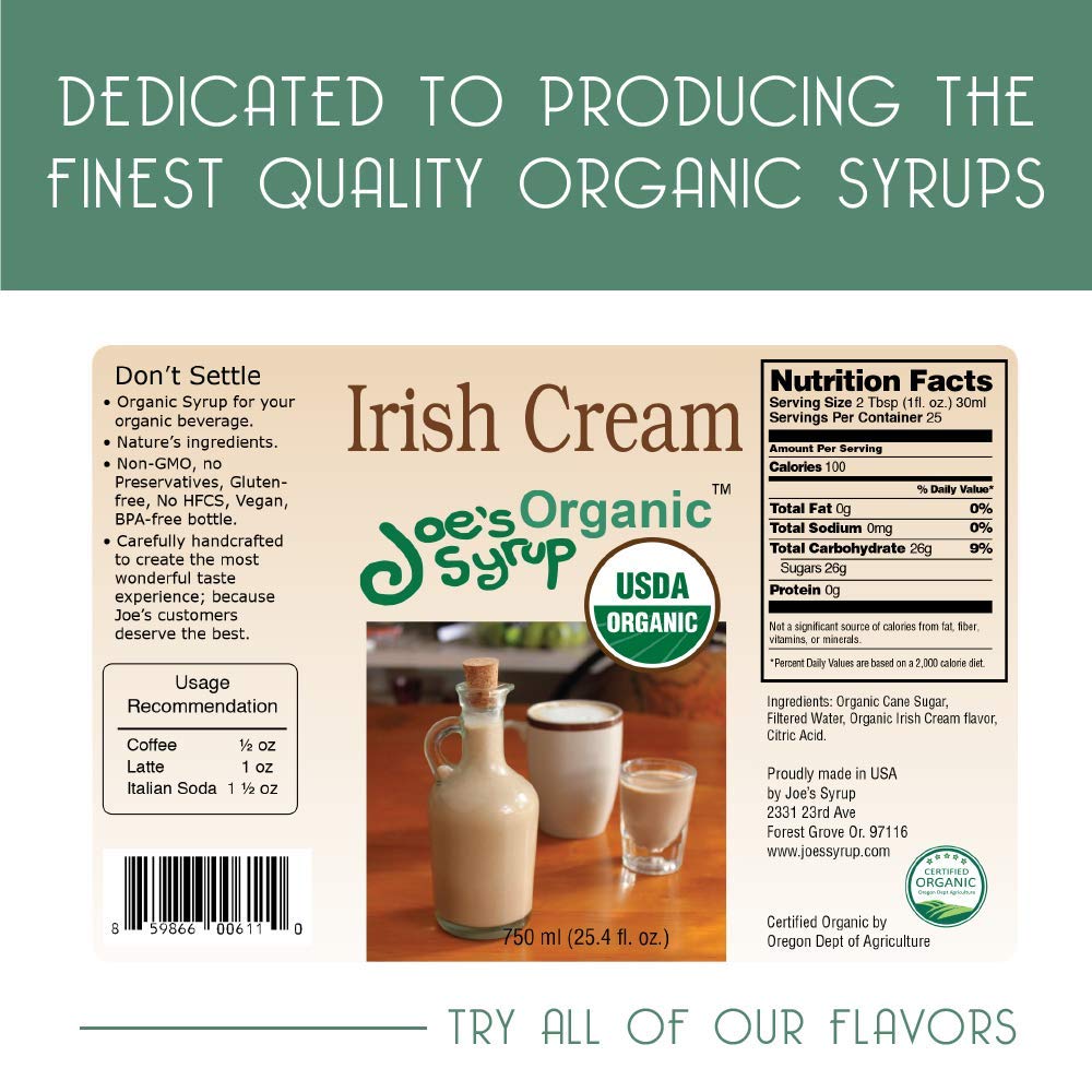 Organic Irish Cream Flavored Syrup by Joe’s Syrup - 750ml (3 Pack) | Premium Organic Coffee & Dessert Topping for Lattes, Cocktails, Ice Cream & Baking