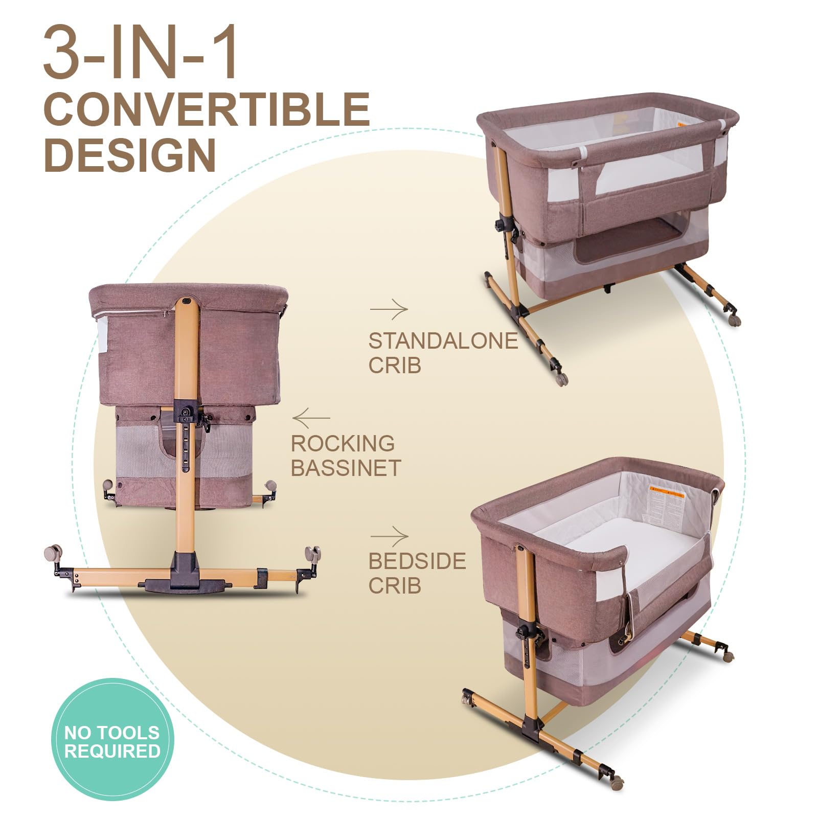 3-in-1 Portable Baby Bassinet & Bedside Sleeper with Storage Basket - Adjustable Folding Travel Crib for Newborns - Perfect for Nursery, Bedroom Co-Sleeping & Family Trips