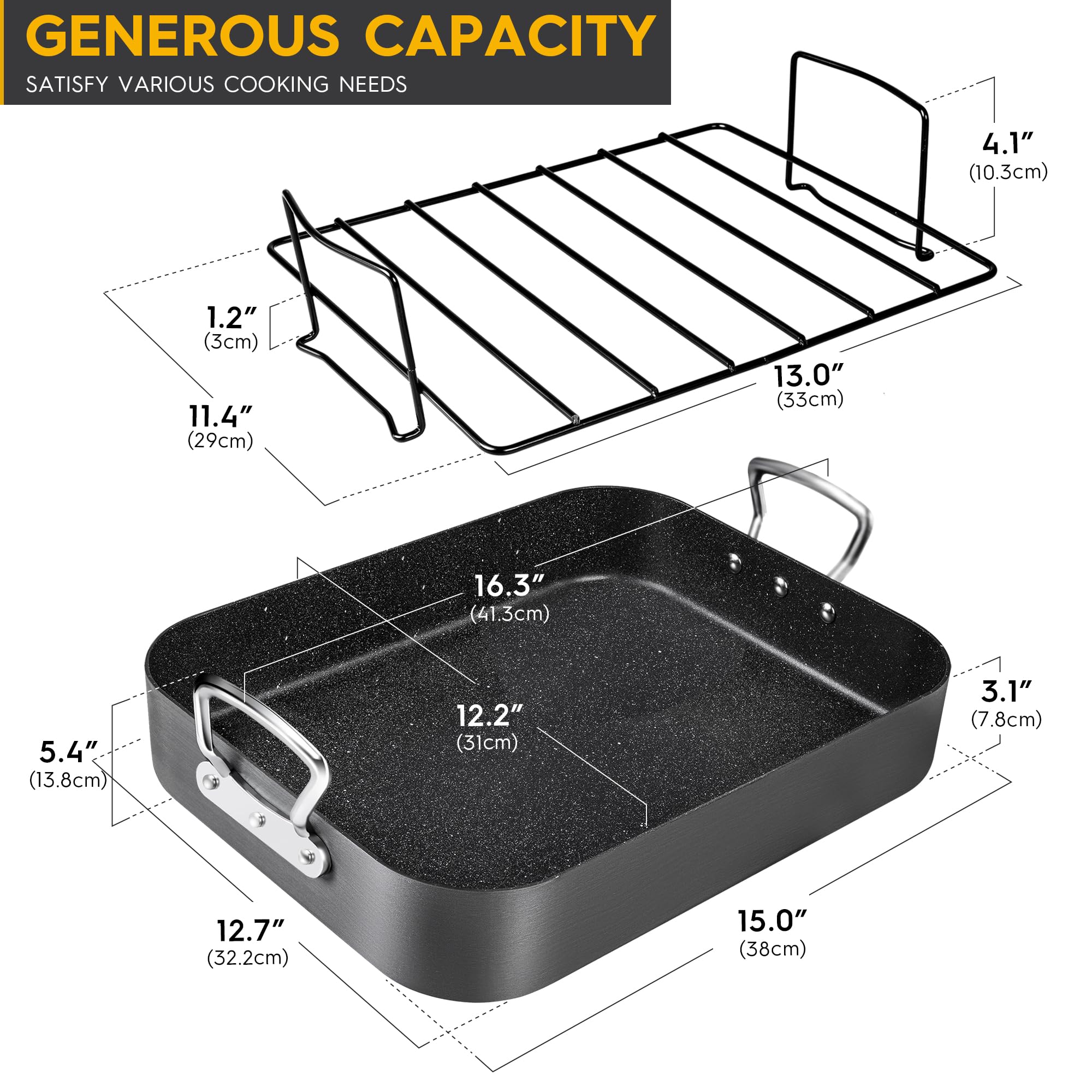 MICHELANGELO 16x12 Inch Nonstick Hard Anodized Turkey Roasting Pan with Rack - Large Oven Safe Roaster for Thanksgiving, Christmas, and Holiday Cooking - Perfect for Roasting Turkey, Chicken, Beef, and Vegetables