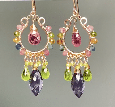 Rose Gold Chandelier Earrings with Pink Tourmaline, Peridot & Amethyst Gemstones | Elegant Dangle Earrings for Women | Perfect for Weddings, Parties & Evening Events