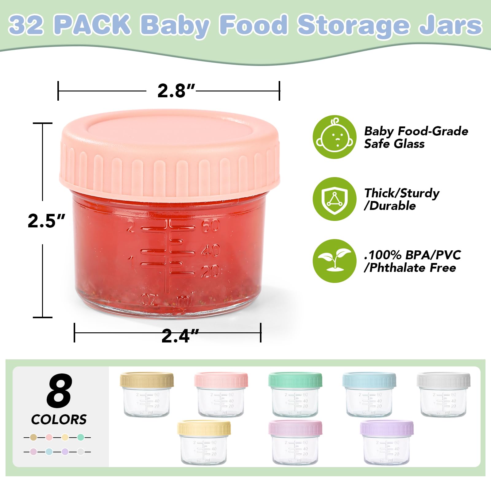 RowinsyDD 16 Pack 4 oz Glass Baby Food Storage Containers - Leakproof Jars with Lids, BPA Free, Freezer & Microwave Safe - Perfect for Homemade Baby Puree, Meal Prep, Snacks & On-the-Go Feeding