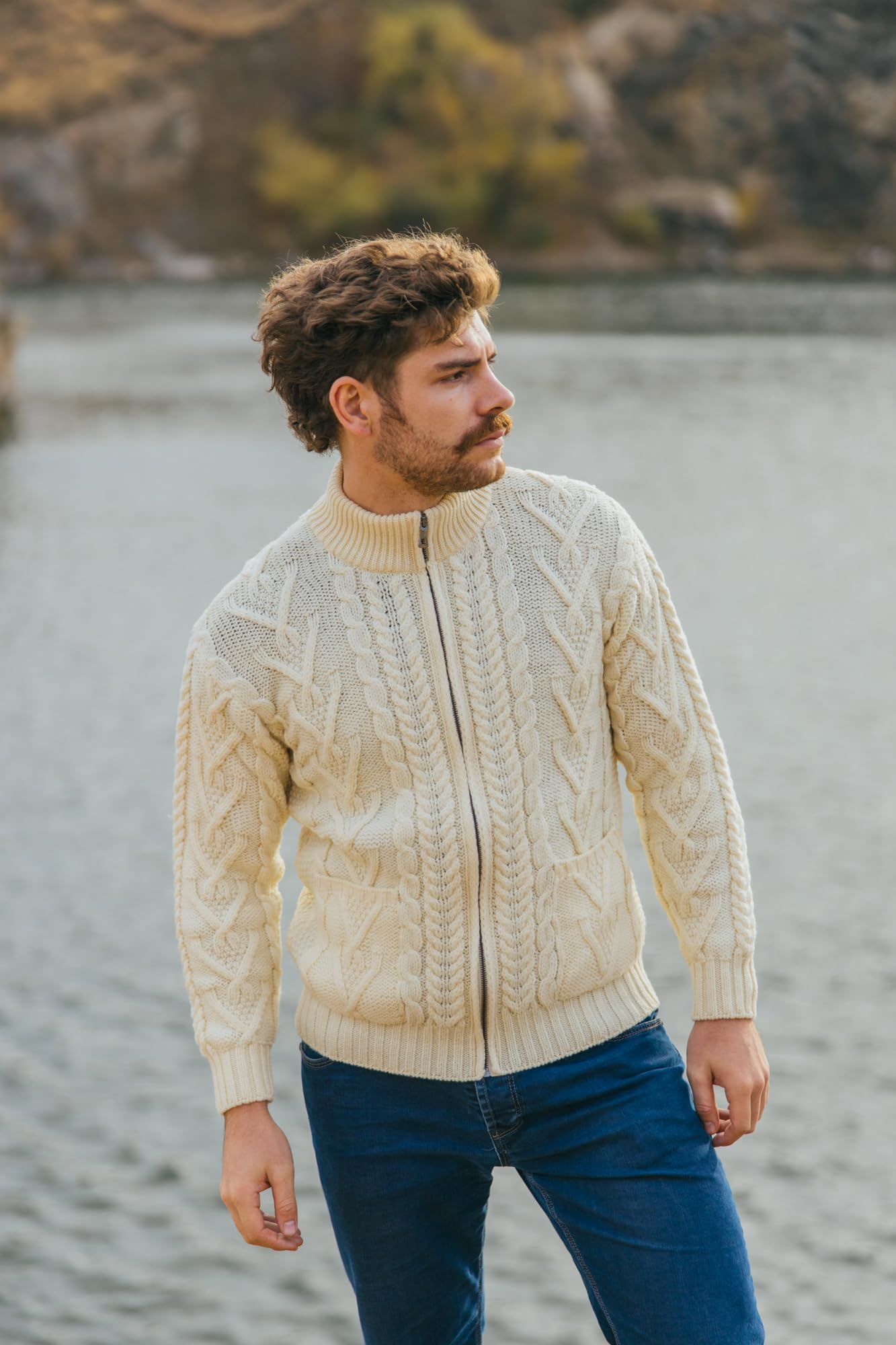 100% Merino Wool Men's Winter Warm Cable Knit Cardigan Sweater with Zipper & Pockets - Charcoal & Army Green | Cozy Fall & Winter Layering for Outdoor Activities & Casual Wear