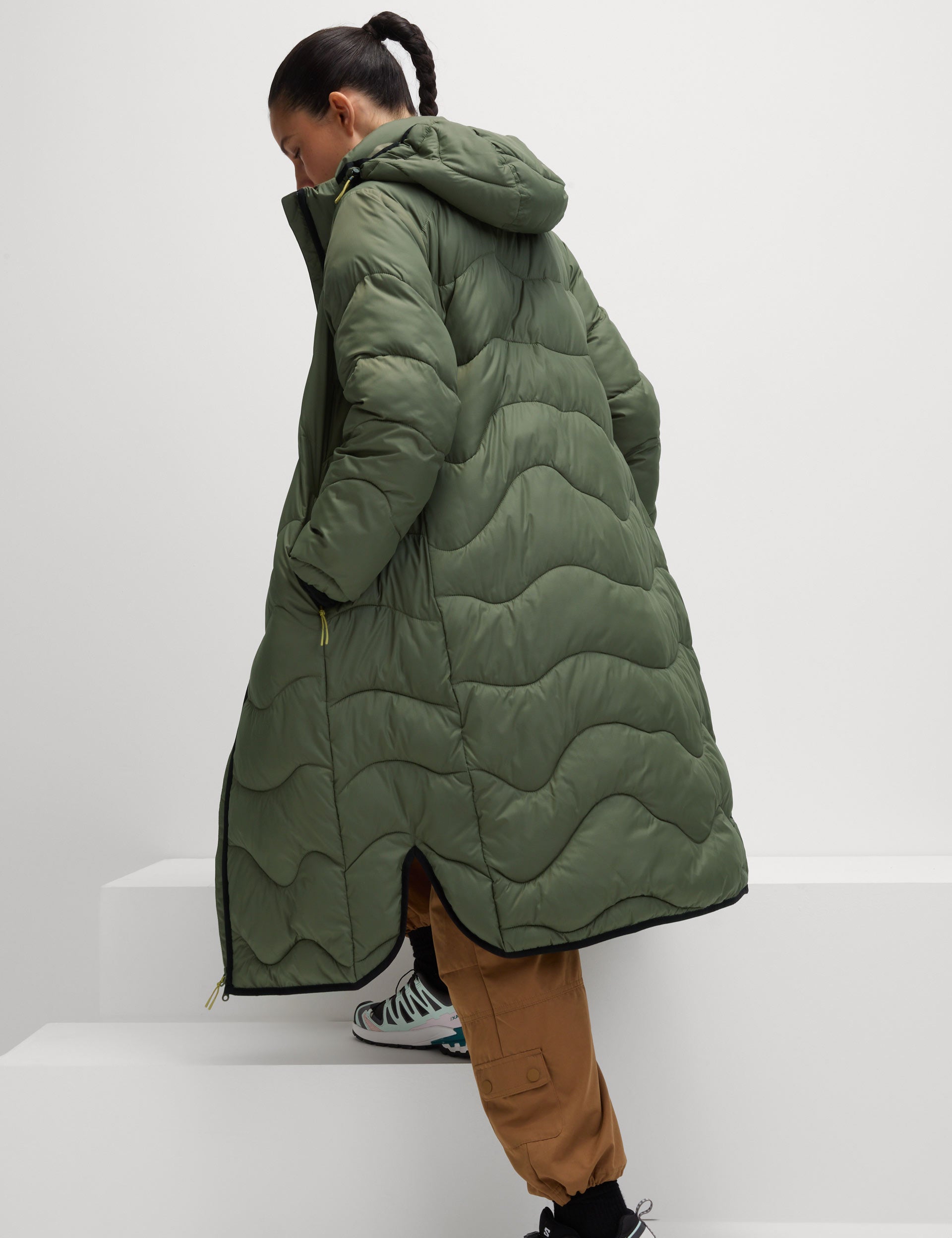Stormwear Quilted Hooded Longline Puffer Coat for Women - Warm Winter Jacket, Waterproof Windbreaker, Dark Khaki - Perfect for Snowboarding, Skiing & Cold Weather Outdoor Activities