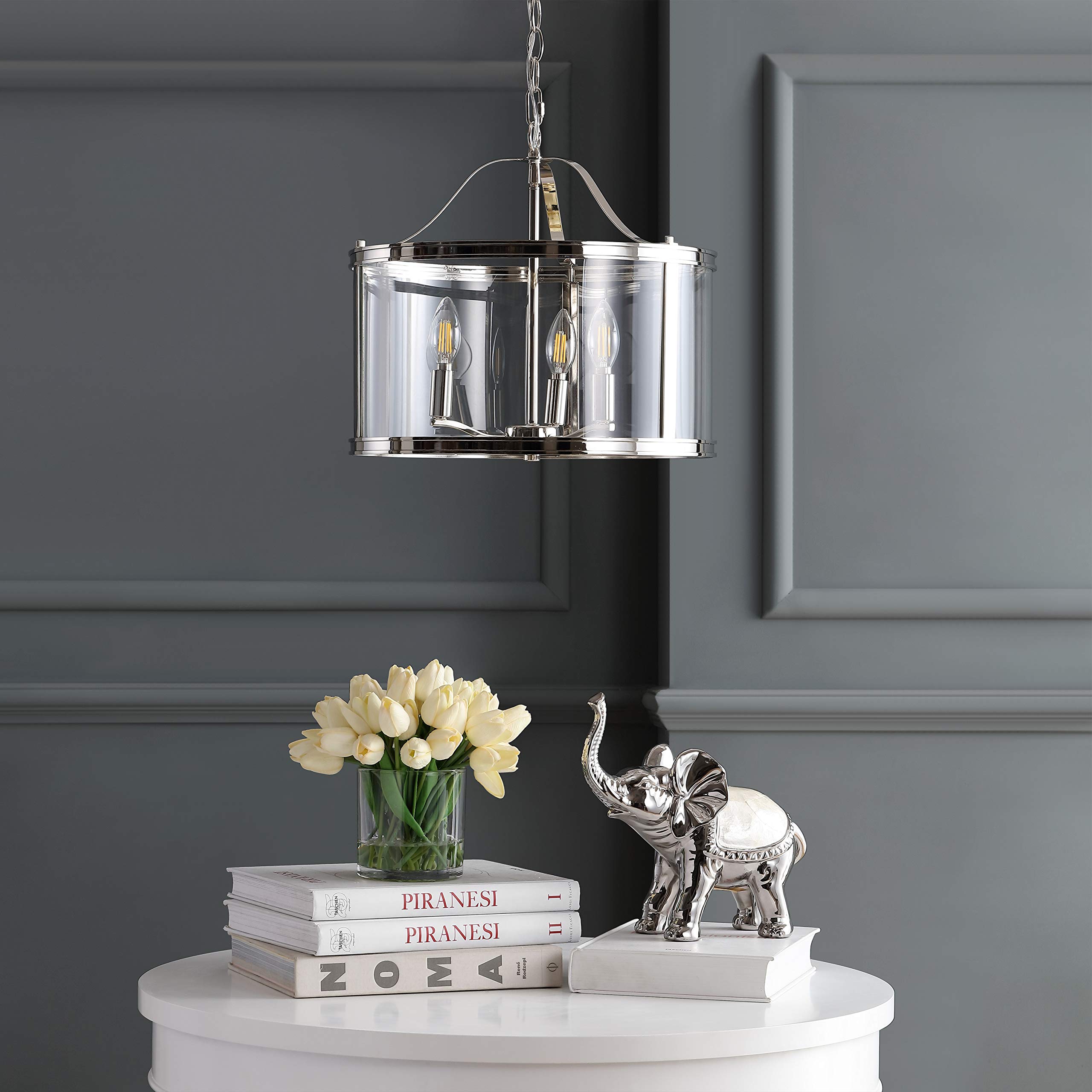 SAFAVIEH PND4041A Jude 3-Light Adjustable LED Pendant Light - Shiny Nickel Finish with Clear Glass Shades (Bulbs Included) - Perfect for Kitchen Island, Dining Room, or Entryway Lighting
