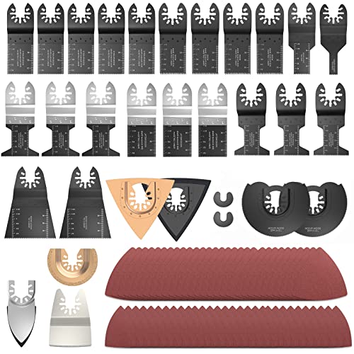 91-Piece Bimetal Oscillating Multi-Tool Blades Kit - Premium Metal/Wood/Plastic Cutting Blades with Sandpaper - Compatible with Milwaukee, Makita, Dremel, Bosch, Fein, Dewalt & Ryobi - Perfect for DIY Home Renovations, Woodworking, Flooring & Plumbing Projects