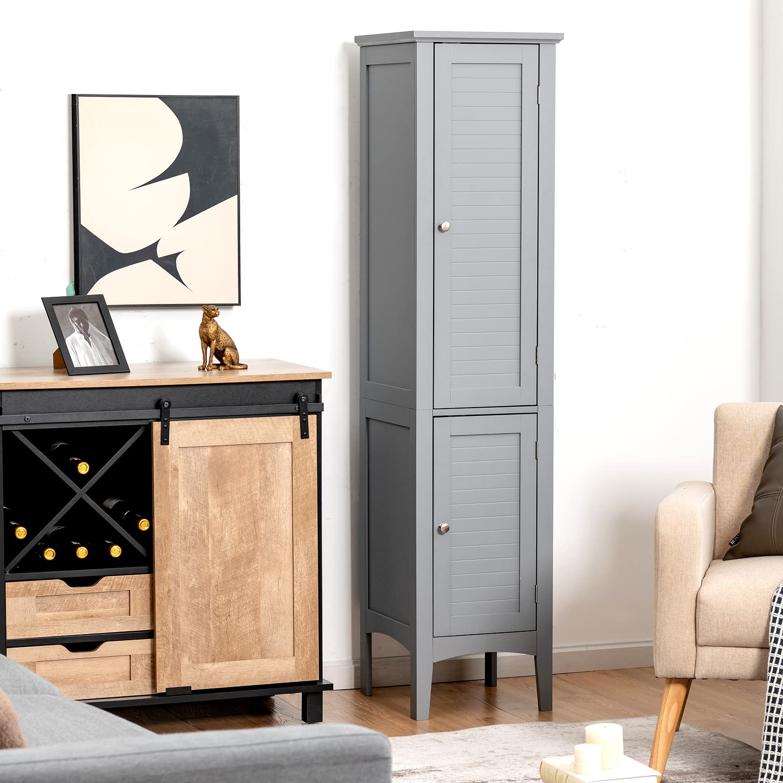 Tangkula 5-Tier Tall Bathroom Storage Cabinet - Freestanding Wooden Organizer with 2 Doors & Shelves for Bathroom, Living Room, Kitchen - Space Saving Narrow Floor Cabinet (Grey) | Perfect for Small Spaces, Apartment Storage & Home Organization