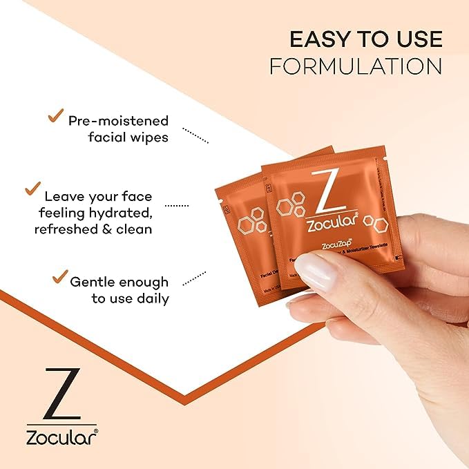 Zocuwipe Eyelid Cleansing Wipes with Okra Complex - Hypoallergenic Eyelid Cleanser & Moisturizer Pads (40 Count) + Zocular ZocuZap Facial Cleansing Wipes (30 Count) Bundle - Perfect for Sensitive Eyes, Makeup Removal & Daily Skincare Routine