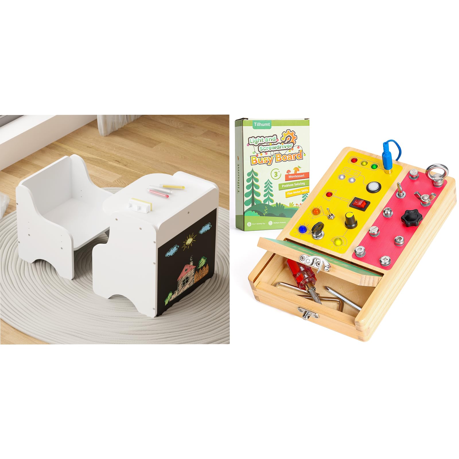Montessori Wooden Table and Chair Set with Built-in Chalkboard & 2-in-1 Busy Board - Kids Activity Table for Drawing, Dining, Reading, Play - Easy Clean & Storage - Perfect for Preschool, Homeschool & Daycare Learning