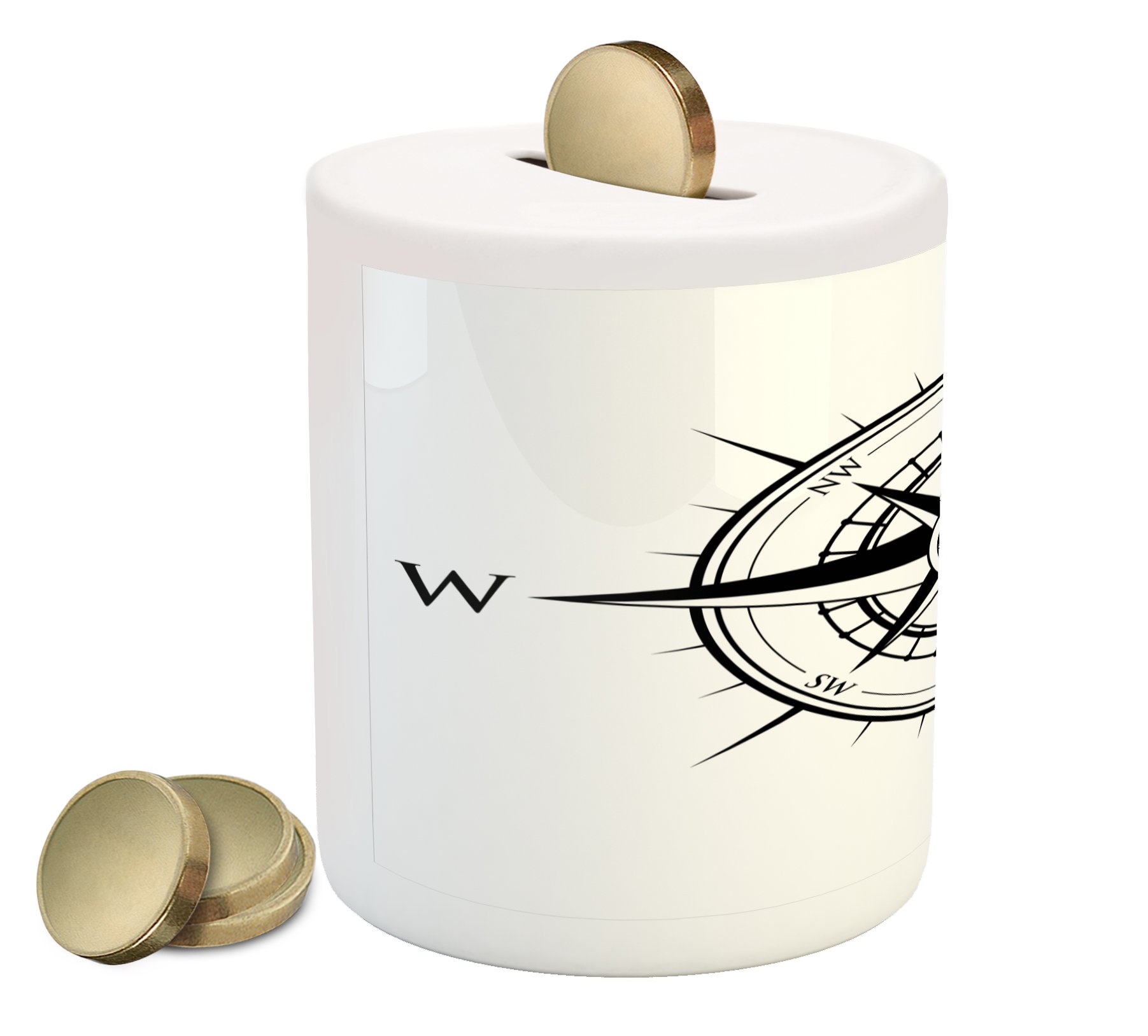 Ambesonne Ceramic Piggy Bank - Vintage Compass Design with Prehistoric Navigation Theme, 3.6