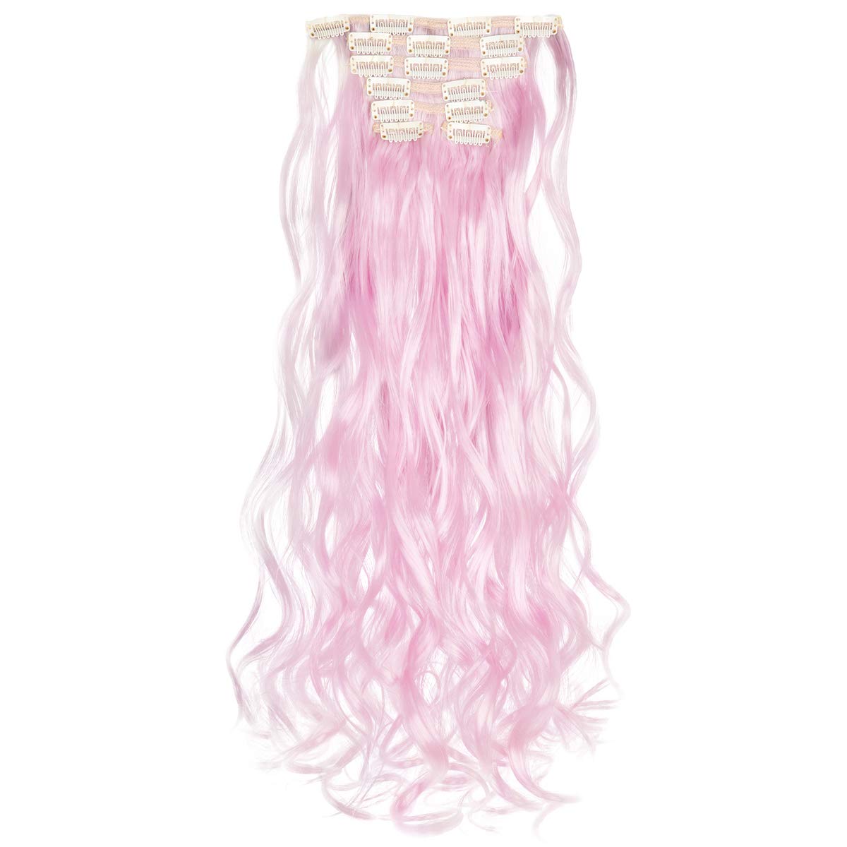 LELINTA 7Pcs 16 Clips 24 Inch Wavy Curly Clip-in Hair Extensions - Double Weft Full Head Human Hair - Light Pink for Volume & Length - Perfect for Parties, Weddings & Daily Styling