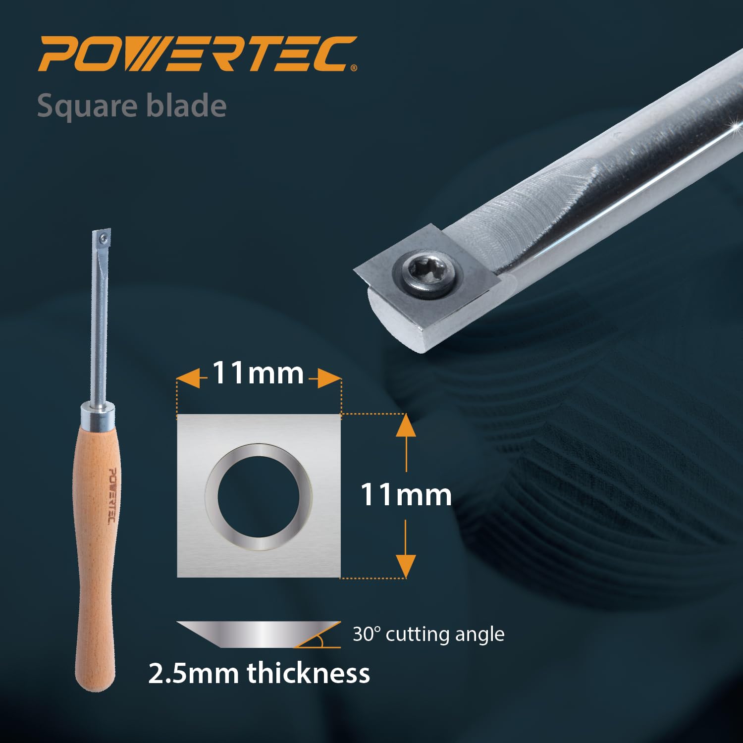 POWERTEC 3-Piece Carbide Wood Lathe Tool Set - Flat Edge Square, Round & Diamond Replaceable Blade Turning Tools with T15 Star Key Wrench | Perfect for Woodturning Projects, Bowl Making & Furniture Crafting