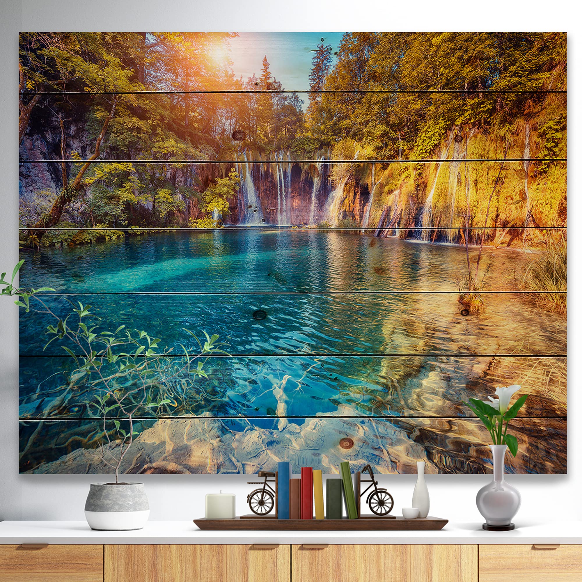 DesignQ Turquoise Water & Sunny Beams Tropical Wood Wall Art - Blue Ocean Landscape Wall Decor Printed on Natural Pine Wood - Perfect for Beach House, Living Room & Bedroom Decor