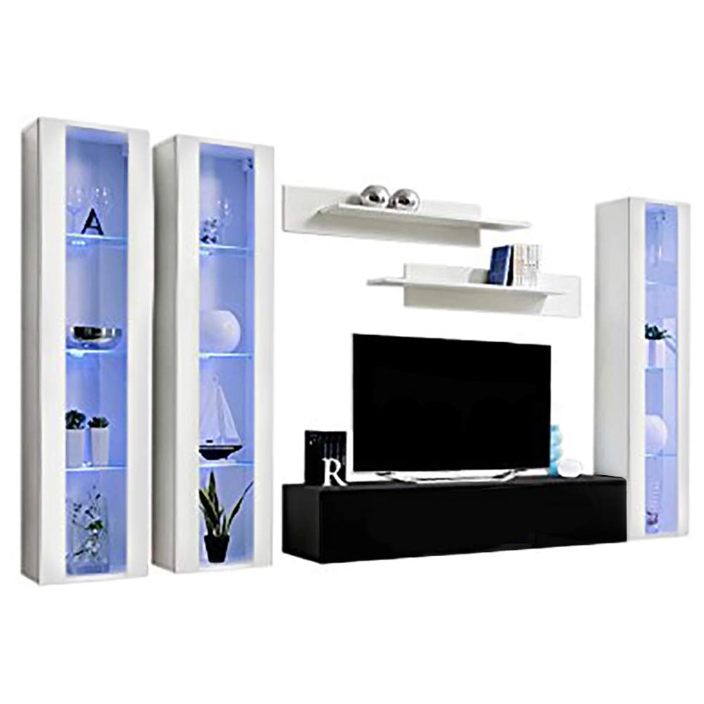 Modern Floating TV Stand with Storage & LED Lights - Wall-Mounted Entertainment Center Console for Bedroom & Living Room - White/Black - Perfect for Small Spaces & Home Theater Setup