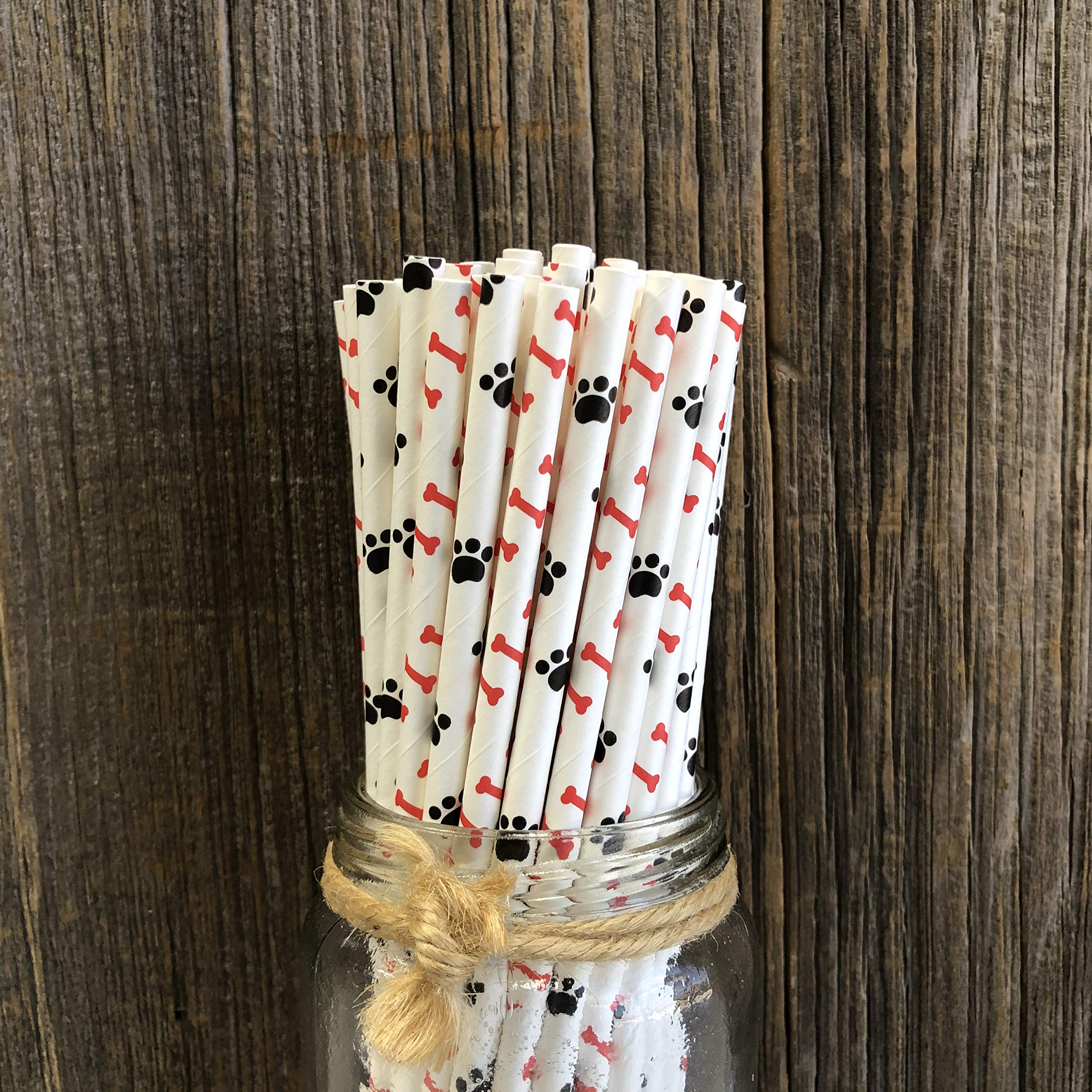 Dog Bone & Paw Print Paper Straws - 50 Pack for Pet Parties & Events