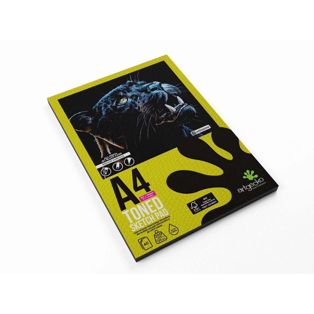 Artgecko Pro Toned Sketchpad A4 Size - 40 Sheets 200gsm Premium Black Card Paper for Artists, Drawing & Sketching - Perfect for Charcoal, Pencil & Pastel Artwork